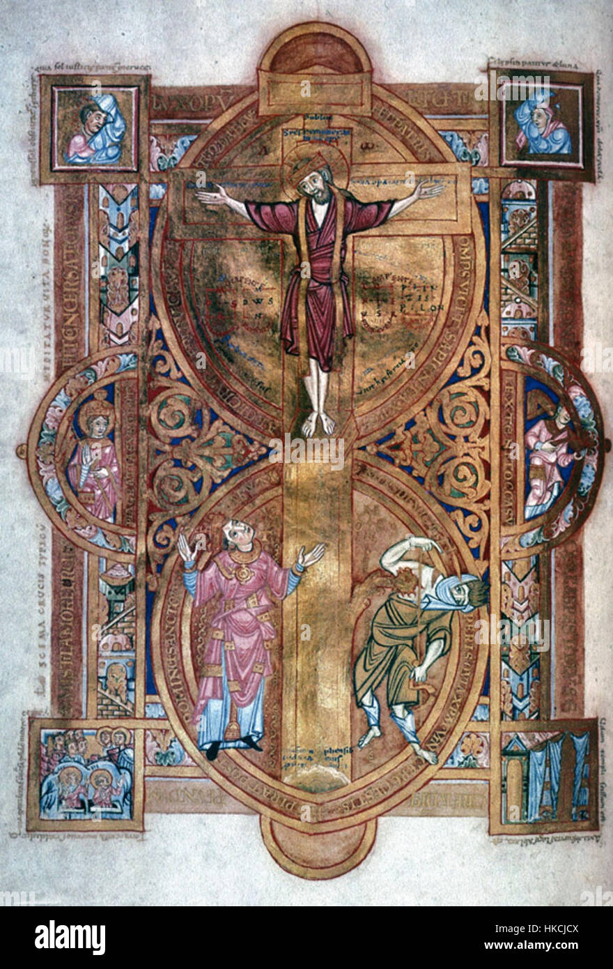 Le Codex UTA, manuscrit renommé du XIe siècle, comprend une représentation enluminée de la crucifixion symbolique du Christ. Cette œuvre illustre la signification religieuse et artistique des manuscrits chrétiens du début du moyen âge. Banque D'Images