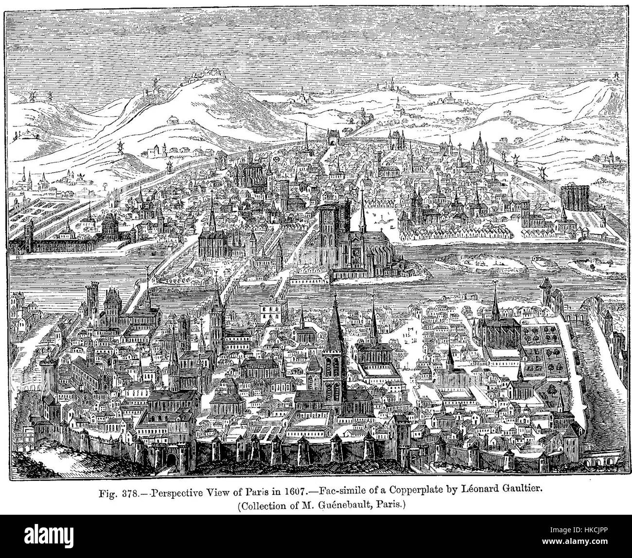 *Perspective vue de Paris en 1607* est un fac-similé d'une plaque de cuivre de Léonard Gaultier, mettant en valeur Paris telle qu'elle apparaissait au début du XVIIe siècle. La gravure détaillée offre un aperçu de l'architecture et de l'aménagement de la ville pendant cette période. Banque D'Images