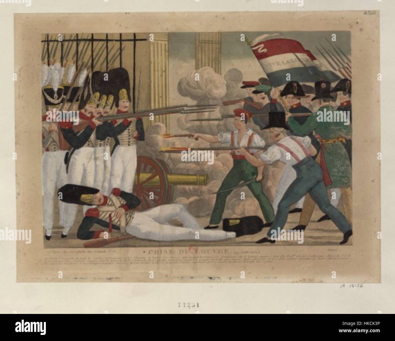 Prise du Louvre est une peinture dramatique représentant la prise du Louvre pendant la Révolution de juillet 1830 en France. L'œuvre capture le chaos et l'esprit révolutionnaire de l'époque, en se concentrant sur la confrontation à ce monument emblématique parisien. Banque D'Images