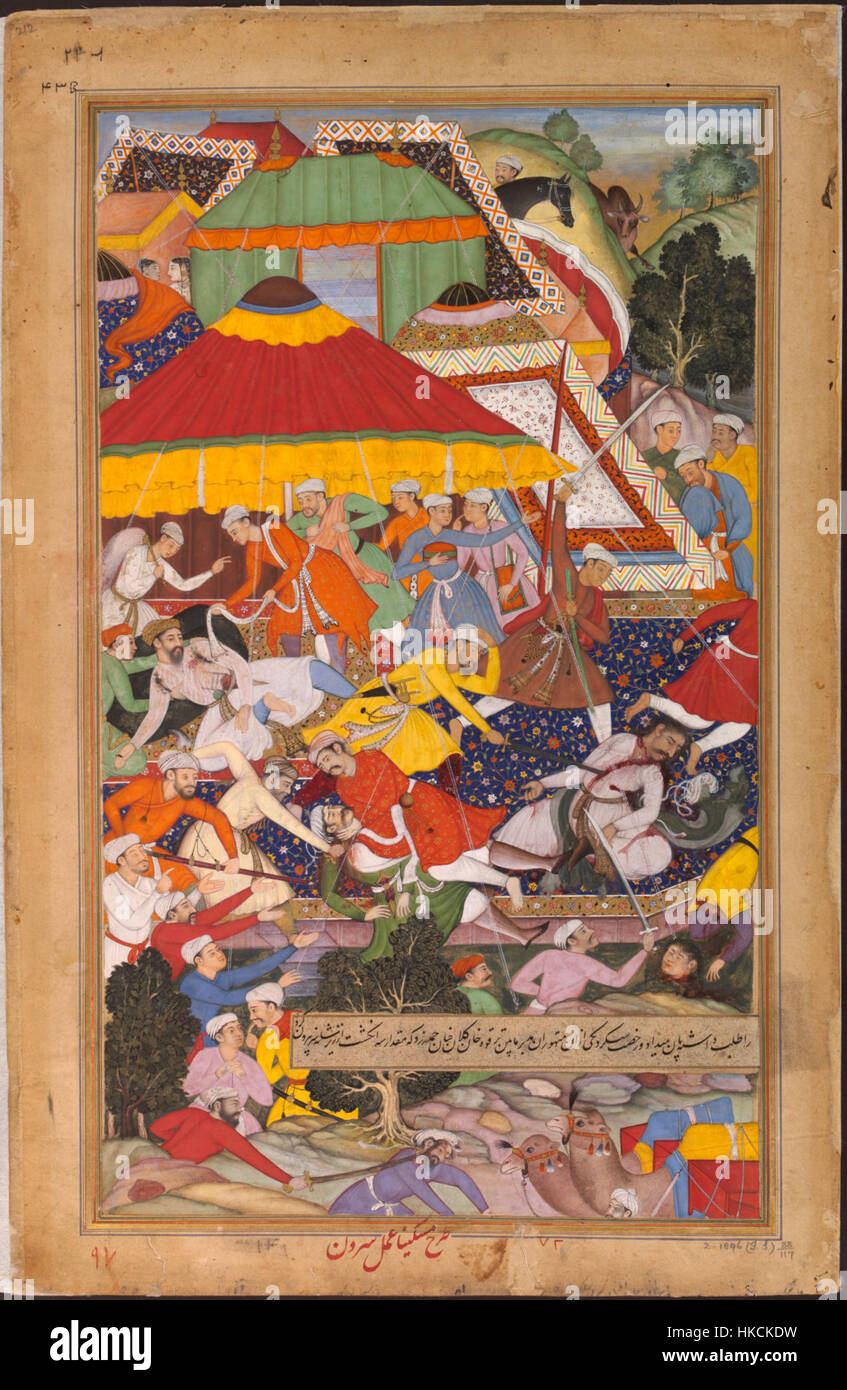 1572 La blessure de Khan Kilan par un Rajput pendant sa march Akbarnama Banque D'Images