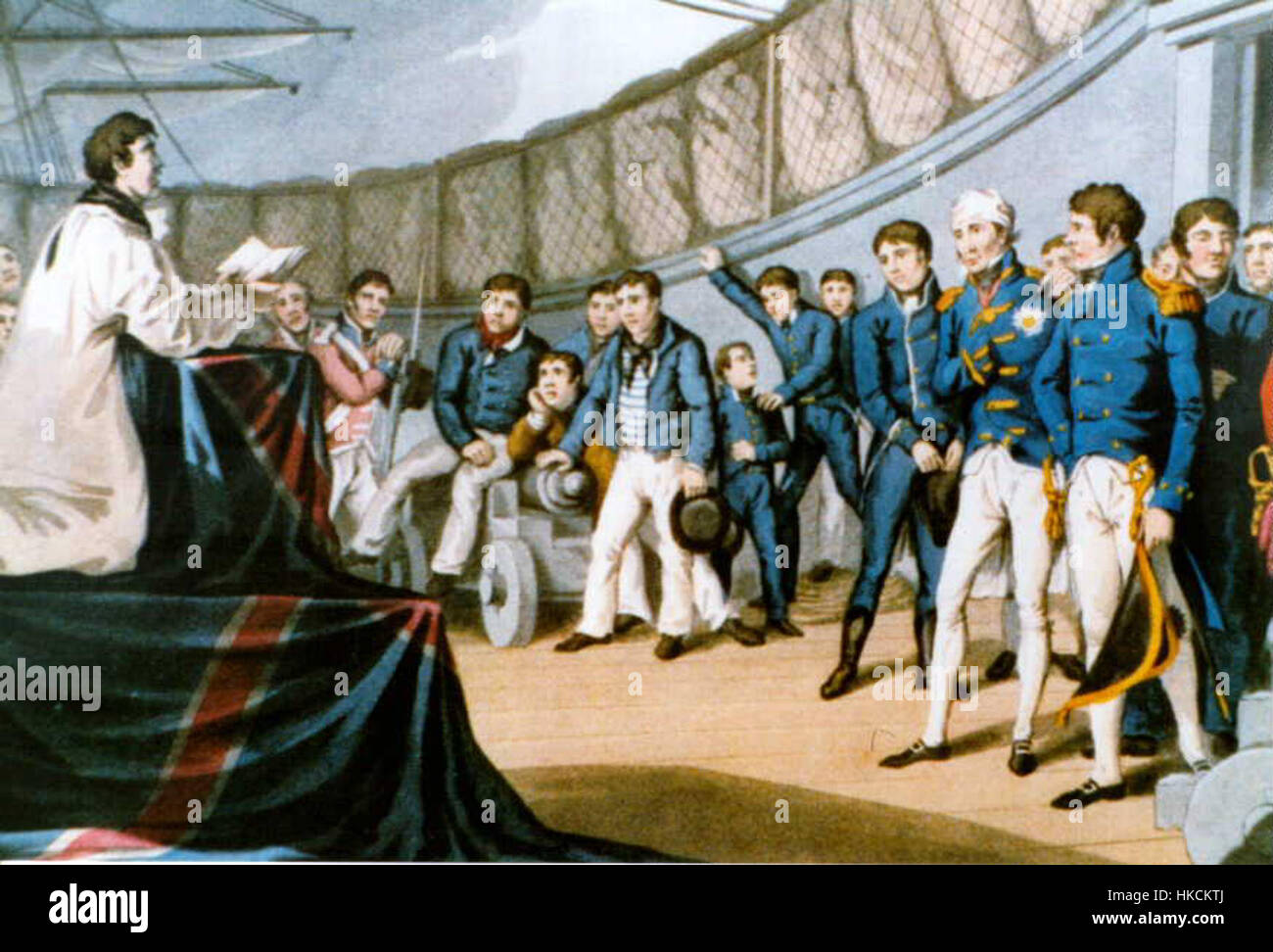 Cette peinture représente des marins en prière à bord du navire de Lord Nelson, reflétant l'atmosphère solennelle et spirituelle lors des engagements navals au XVIIIe siècle. Banque D'Images