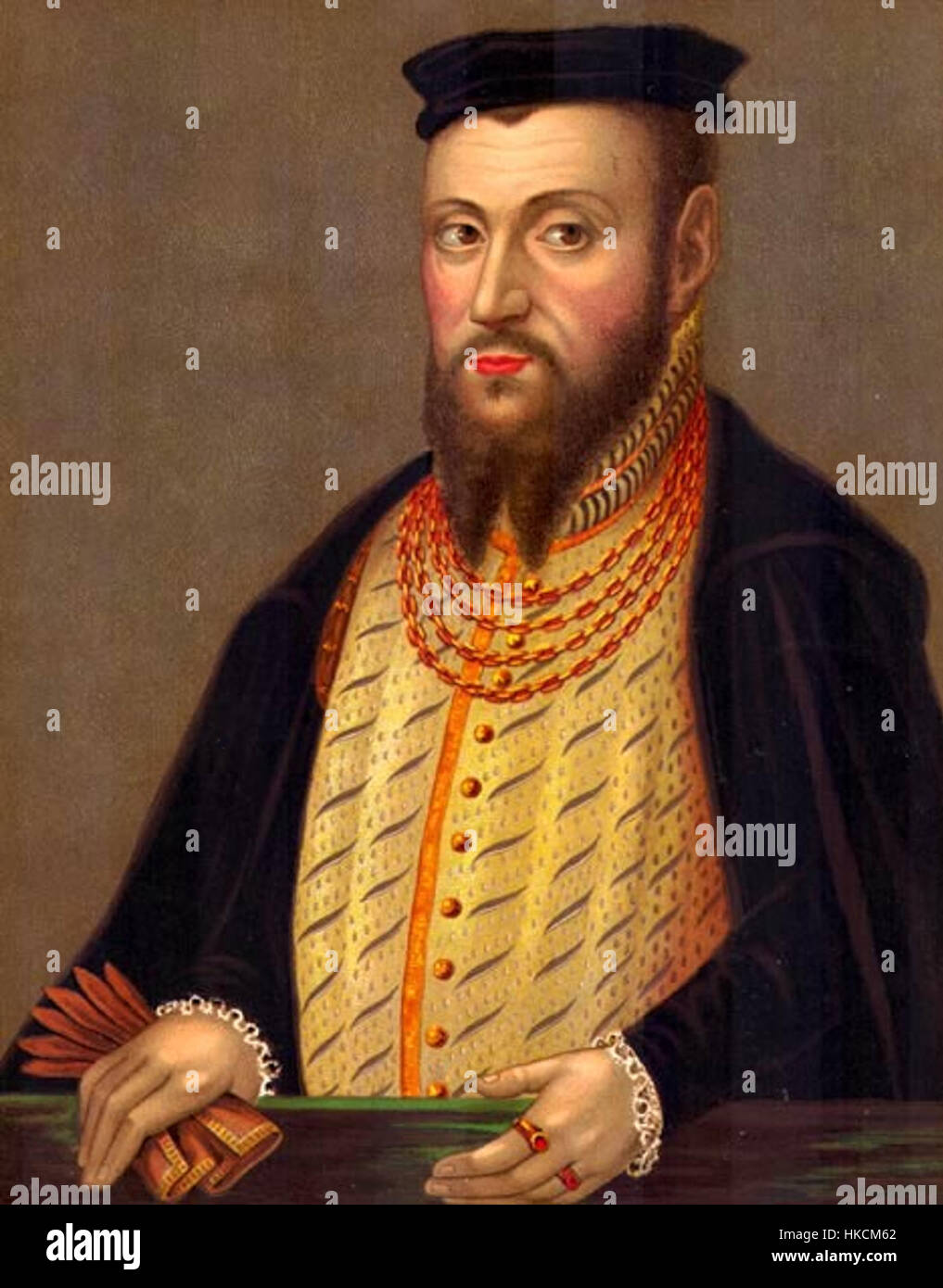 Portrait de Sigismond II Auguste, dernier roi de Pologne et grand-duc de Lituanie. Connu pour son sens politique et son mécénat des arts, son règne marque une période importante dans l'histoire polonaise et lituanienne au XVIe siècle. La peinture illustre le portrait détaillé et formel typique de la Renaissance. Banque D'Images