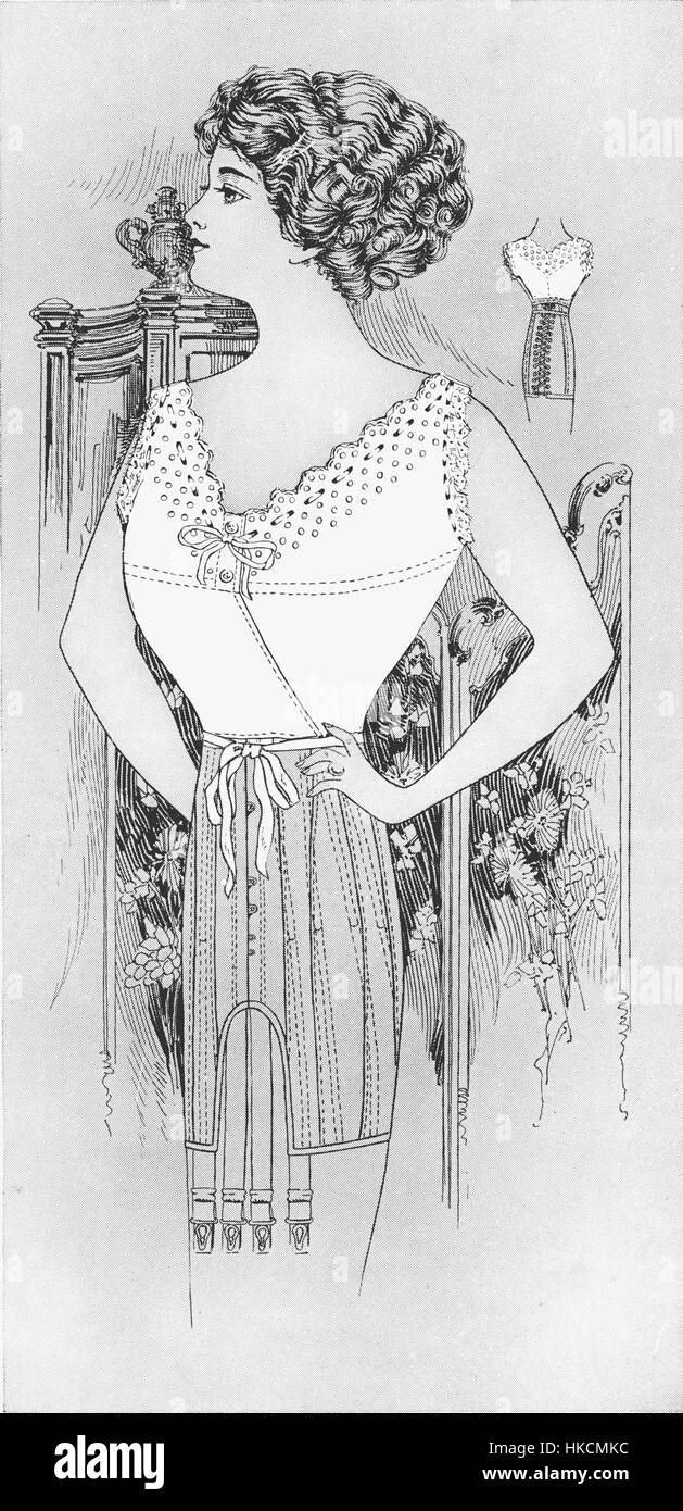 Spirella Accessories, 1913 style 76, est une œuvre d'art vintage représentant des accessoires à la mode du début du XXe siècle. La pièce met en valeur le design complexe et les détails élégants des accessoires, capturant l'essence de la mode du début des années 1900. Banque D'Images