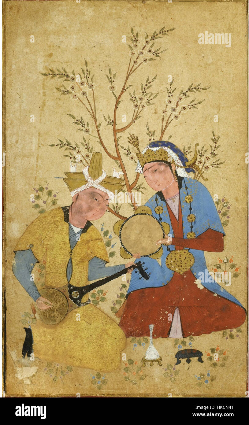 Deux musiciens assis sous un arbre en fleurs c. 1550, Collection privée, USA. Banque D'Images
