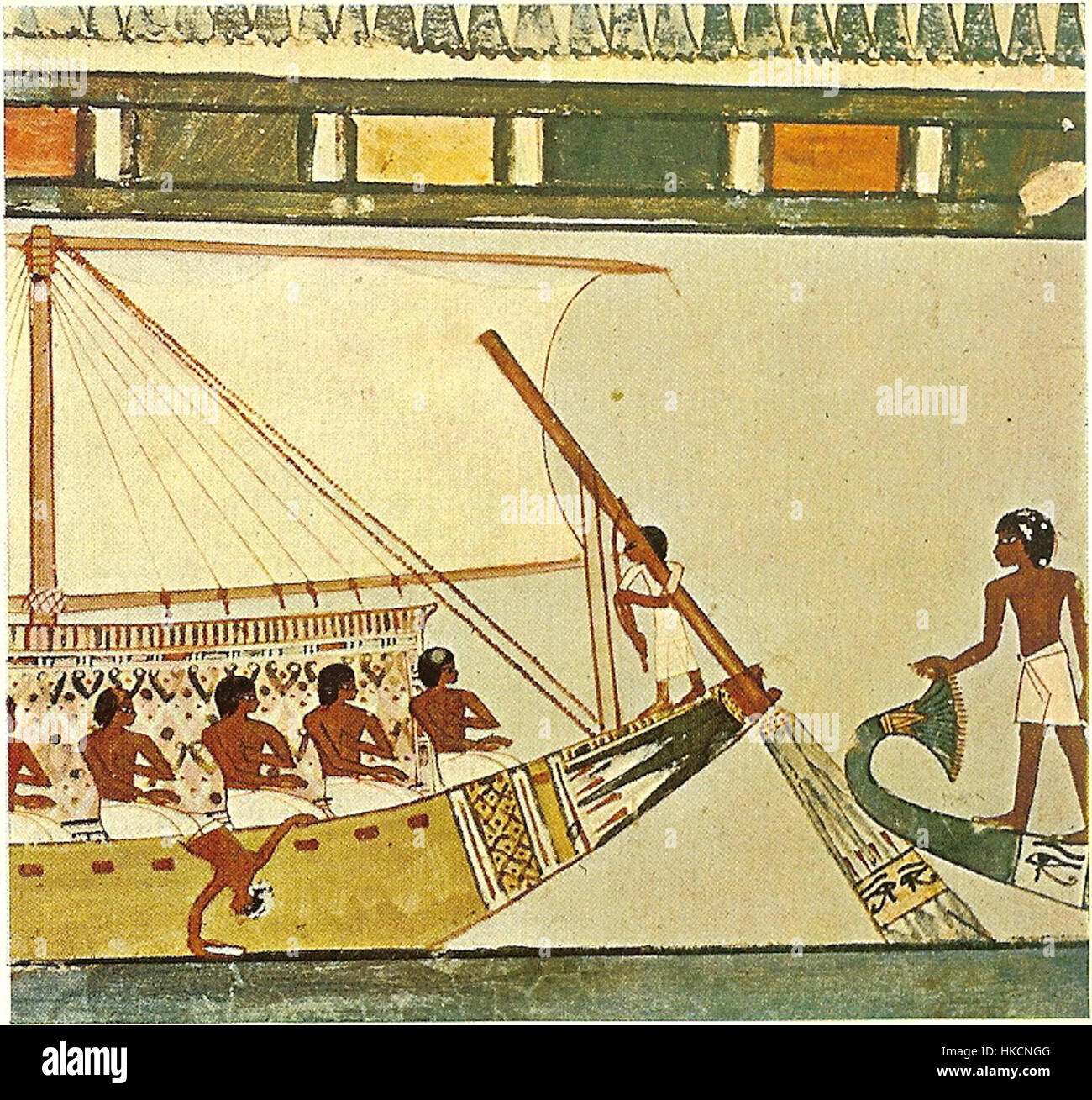 Une représentation détaillée de la scène funéraire du bateau depuis la tombe de Menna, un ancien site funéraire égyptien. Cette œuvre montre le bateau utilisé dans le rituel funéraire, reflétant les coutumes de l'Egypte ancienne. Banque D'Images