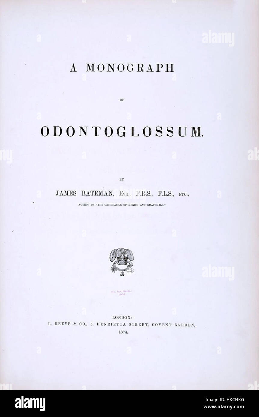 La page de titre de 'A Monograph of Odontoglossum' de Bateman présente des illustrations botaniques détaillées du genre orchidée Odontoglossum. Le livre, publié pour la première fois au XIXe siècle, est une référence importante pour les amateurs d'orchidées et les horticulteurs. Banque D'Images