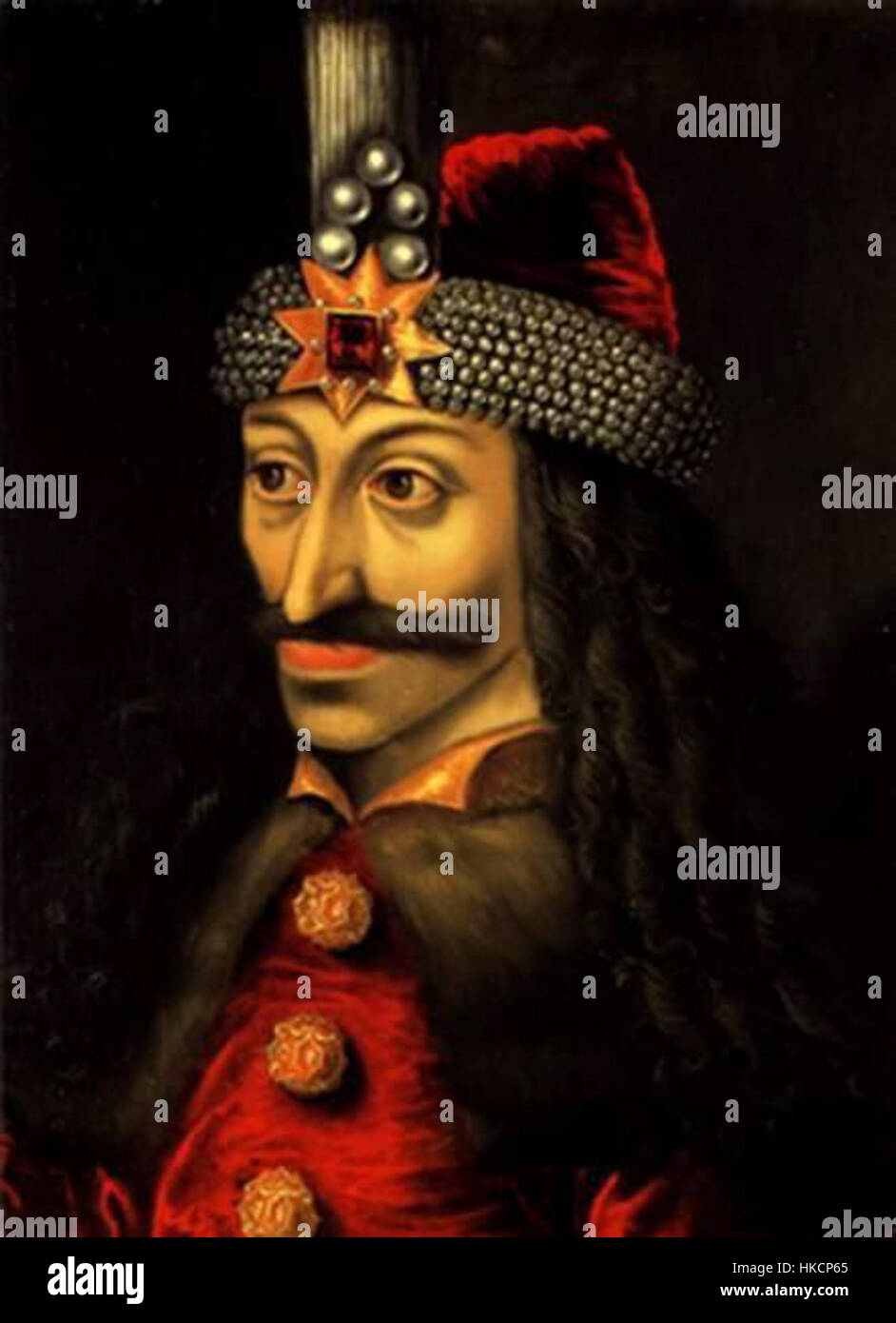 Ce tableau représente Vlad Tepes, figure historique connue pour son règne brutal en Valachie au XVe siècle. Souvent associé à la légende de Dracula, son règne est un sujet d'intrigue historique. Banque D'Images