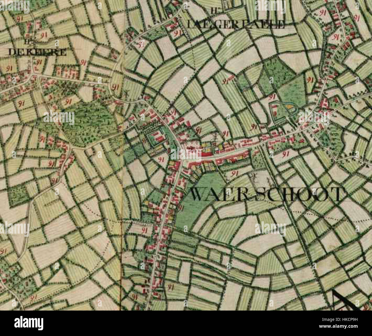 La carte Ferraris de Waarschoot, en Belgique, est un document cartographique historique de la fin du XVIIIe siècle, représentant la région avec beaucoup de détails. Cette carte est un élément essentiel de l’histoire cartographique de la Belgique, offrant un aperçu du paysage et des divisions administratives de l’époque. Banque D'Images