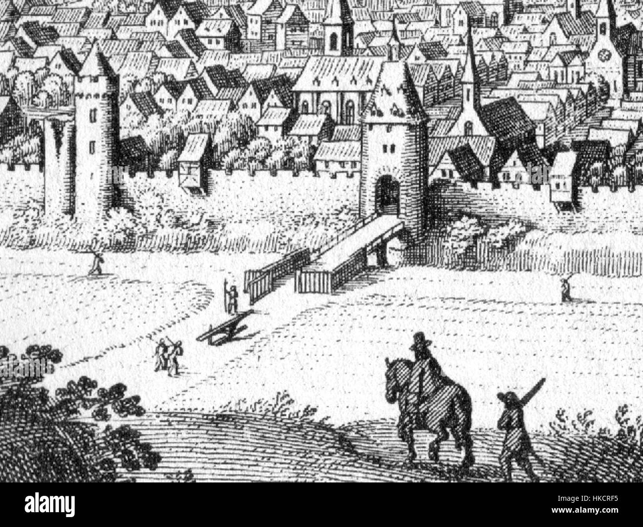 Cette gravure de Merian représente une vue détaillée de l'Erker à Aix-la-Chapelle, un élément architectural historique du XVIIe siècle. La pièce capture le design complexe et l'artisanat de l'époque. Banque D'Images