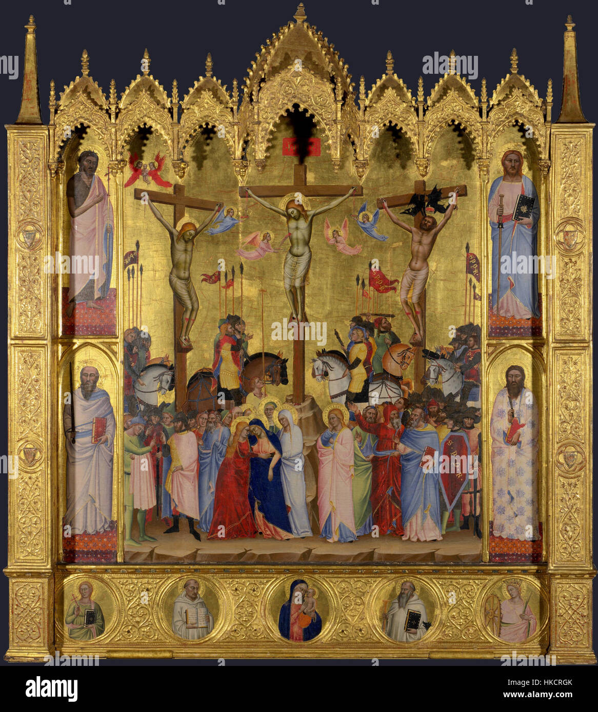 Cette peinture médiévale tardive de Jacopo di Cione et Nardo di Cione représente une scène religieuse, reflétant le style gothique de l'époque avec une iconographie détaillée et un symbolisme sacré. Banque D'Images