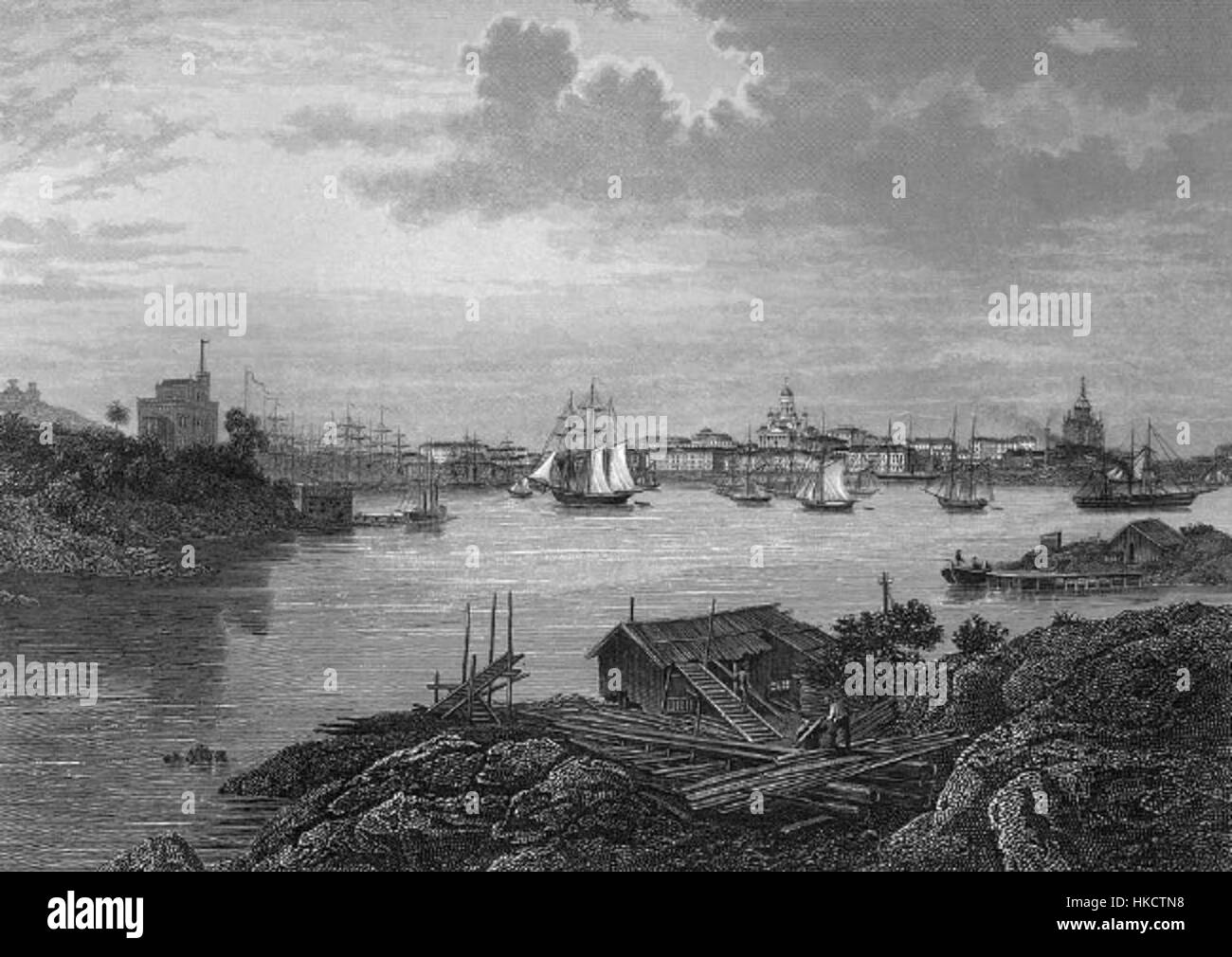 La peinture de B. Reinhold, Helsingfors Hamn, représente le port d'Helsinki, mettant en valeur l'activité maritime et les structures architecturales de la capitale finlandaise. L'œuvre d'art capture l'atmosphère dynamique du port et ses activités commerciales animées. Banque D'Images