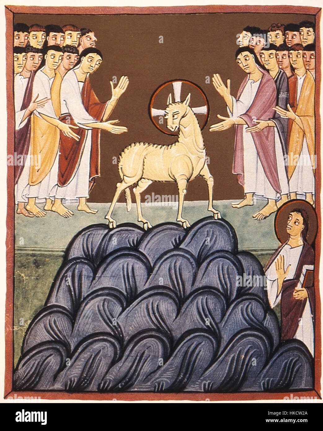 Le manuscrit de l'Apocalypse de Bamberg, plus précisément Folio 034v, illustre l'Agneau sur le mont Sion, une scène du Livre de l'Apocalypse. Cette illumination du XIe siècle est un excellent exemple de l'art religieux médiéval et de sa riche symbolique. Banque D'Images