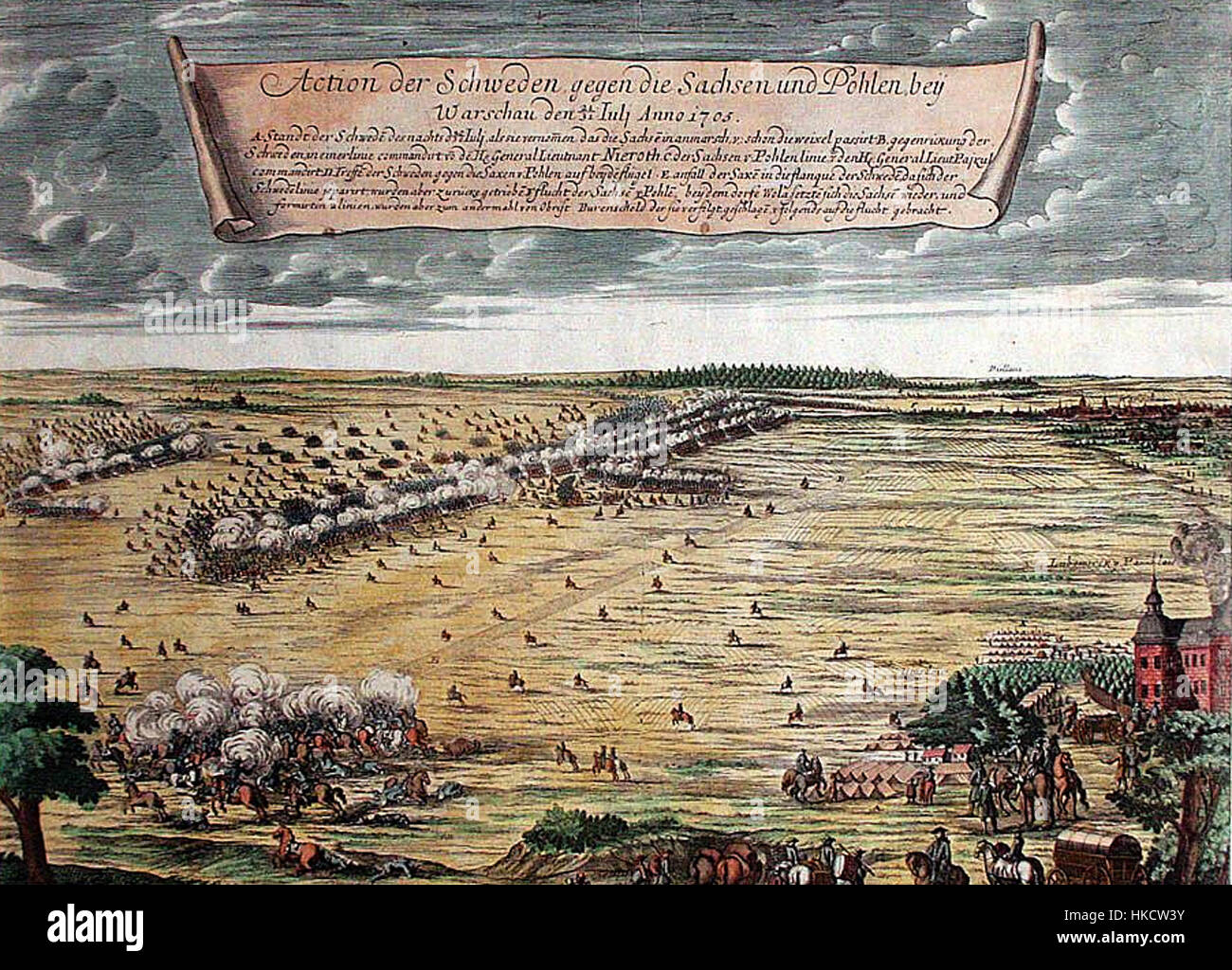 La bataille de Varsovie en 1705 fut un engagement militaire important pendant la Grande Guerre du Nord. Elle impliquait la lutte du Commonwealth polono-lituanien contre l'Empire suédois, marquant un moment clé dans la guerre en Europe de l'est au début du XVIIIe siècle. Banque D'Images