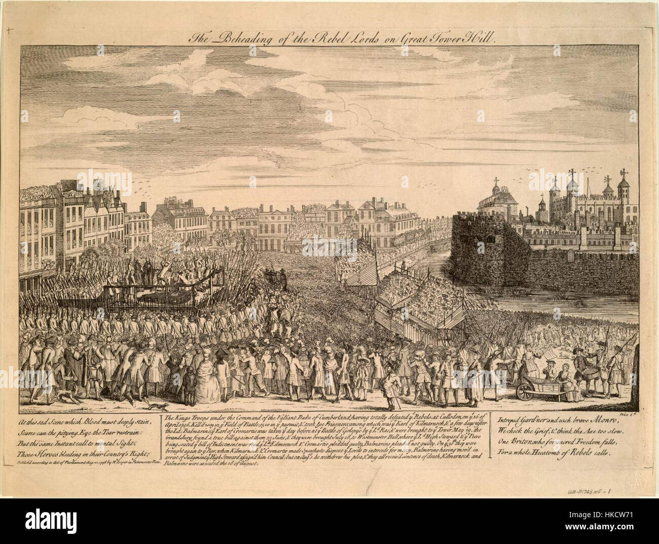 Cette peinture représente l'exécution historique de seigneurs rebelles à Tower Hill, un événement qui s'est produit pendant la période Tudor. L'œuvre capture la triste réalité de l'agitation politique et les lourdes conséquences auxquelles sont confrontés ceux qui se sont opposés à la couronne en Angleterre. Banque D'Images