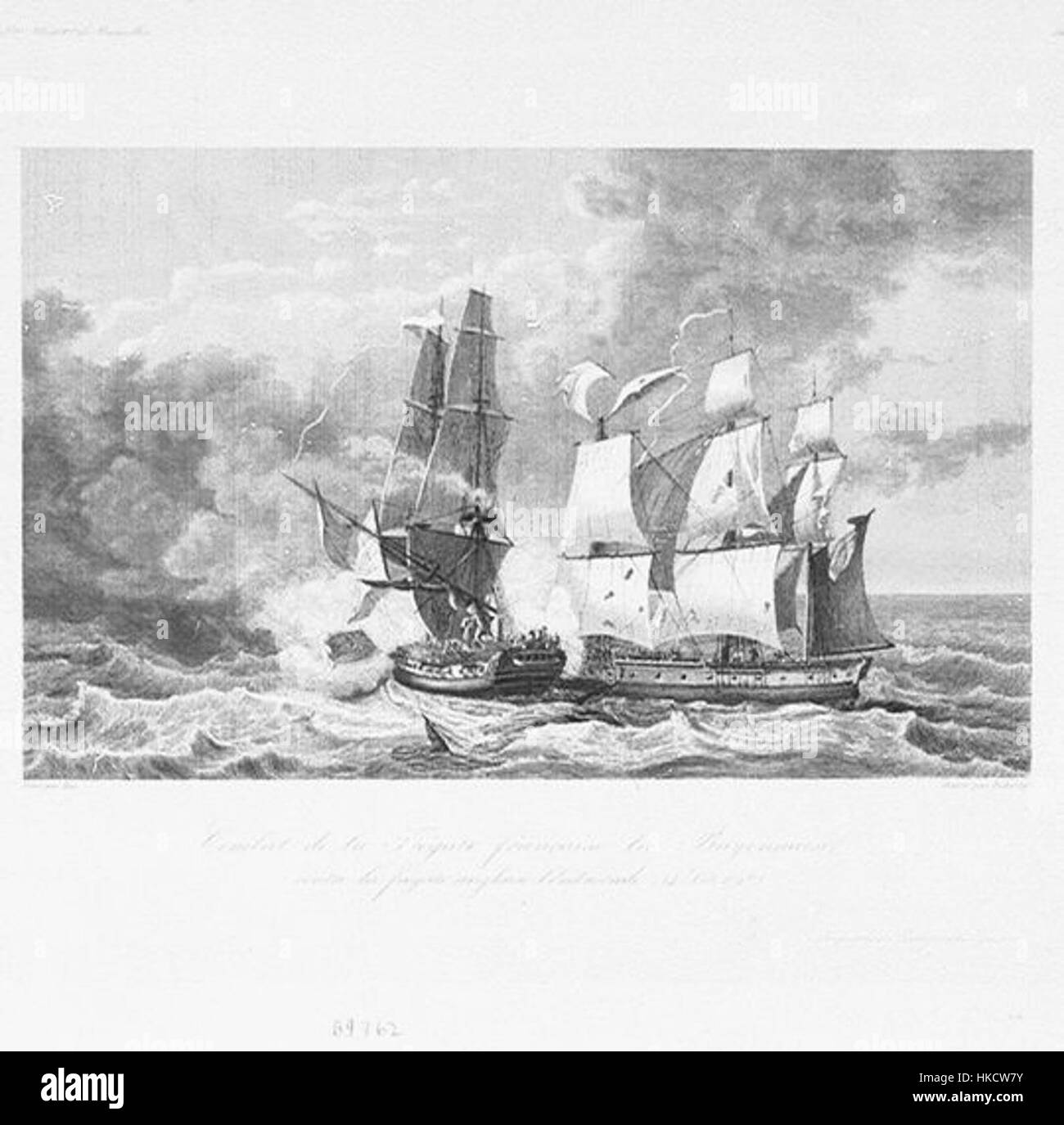 Ce tableau représente la bataille navale entre les navires français *Bayonnaise* et *Embuscade*, mettant en évidence le féroce engagement. La scène capture l'intensité de la guerre navale à la fin du XVIIIe siècle, en particulier la période autour des guerres révolutionnaires françaises. Banque D'Images