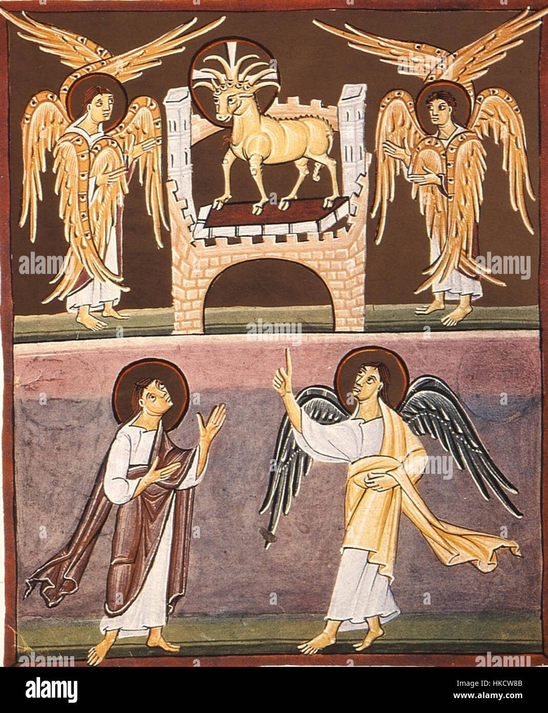Le folio 013v du manuscrit de l'Apocalypse de Bamberg représente l'Agneau de Dieu avec le Livre et les sept sceaux. Cette page manuscrite enluminée dépeint une vision biblique importante de la révélation de John. Banque D'Images