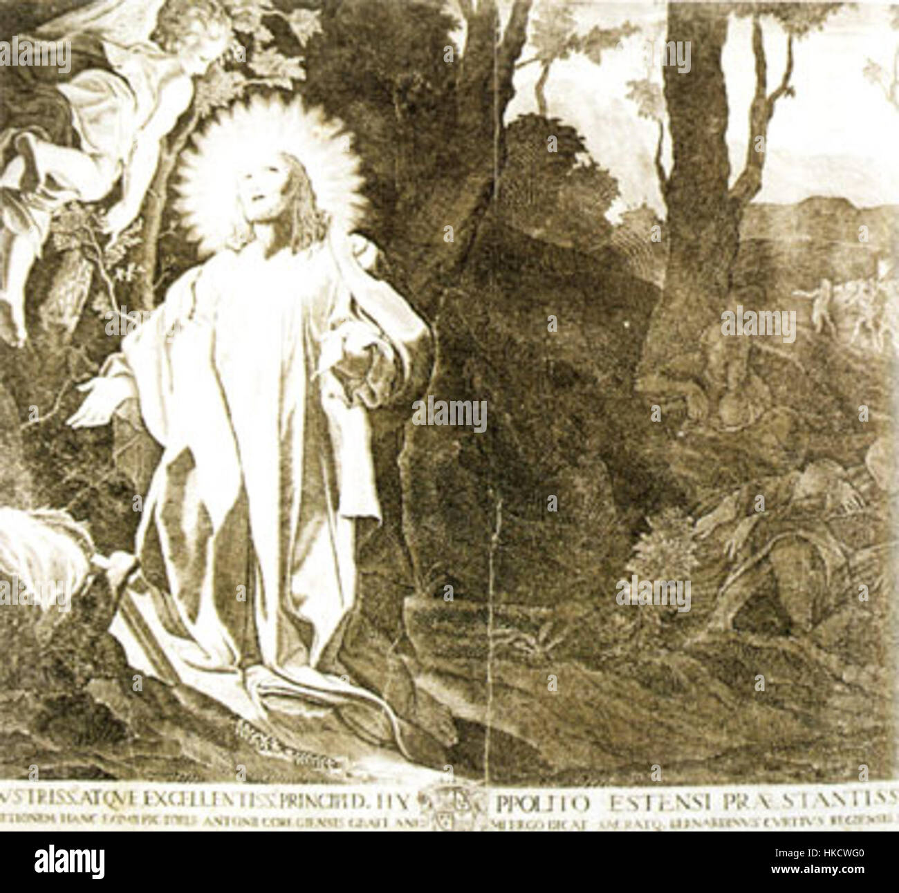 Orazione nell'orto de Bernardino Curti, inspiré par Correggio, représente la scène de la prière du Christ dans le jardin de Gethsémani. La peinture capture la solennité du moment avec une utilisation exceptionnelle de la lumière et des ombres. Banque D'Images