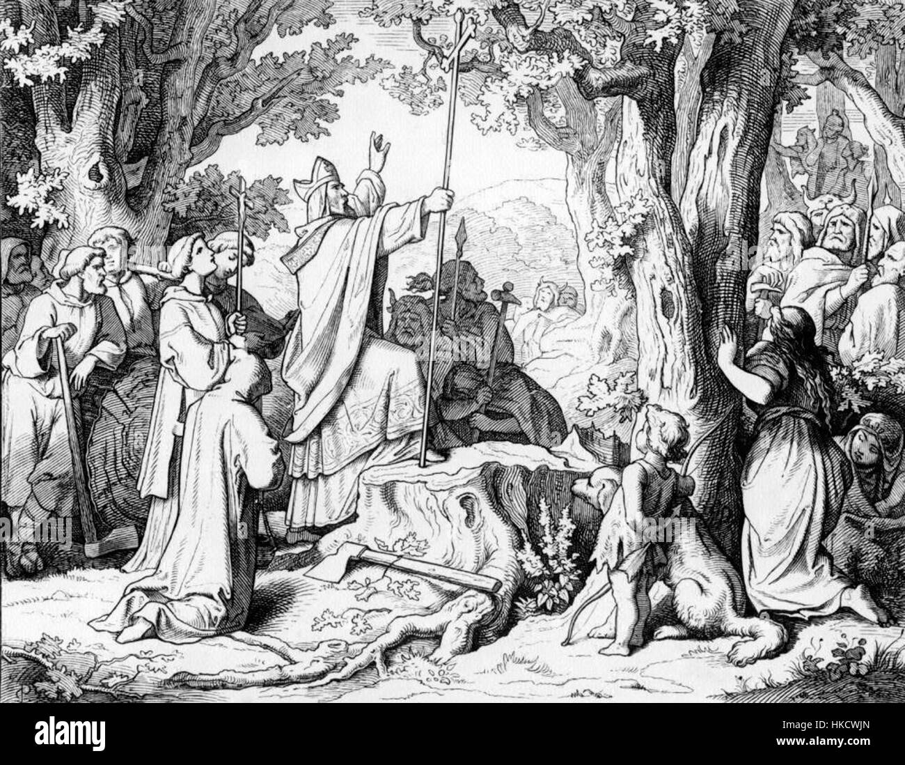 Cette œuvre représente Saint Boniface coupant le chêne sacré de Geismar, un événement clé dans la christianisation de l’Allemagne. Le chêne était considéré comme sacré par les païens de la région. Les actions de Boniface représentaient le triomphe du christianisme sur le paganisme au VIIIe siècle. Banque D'Images