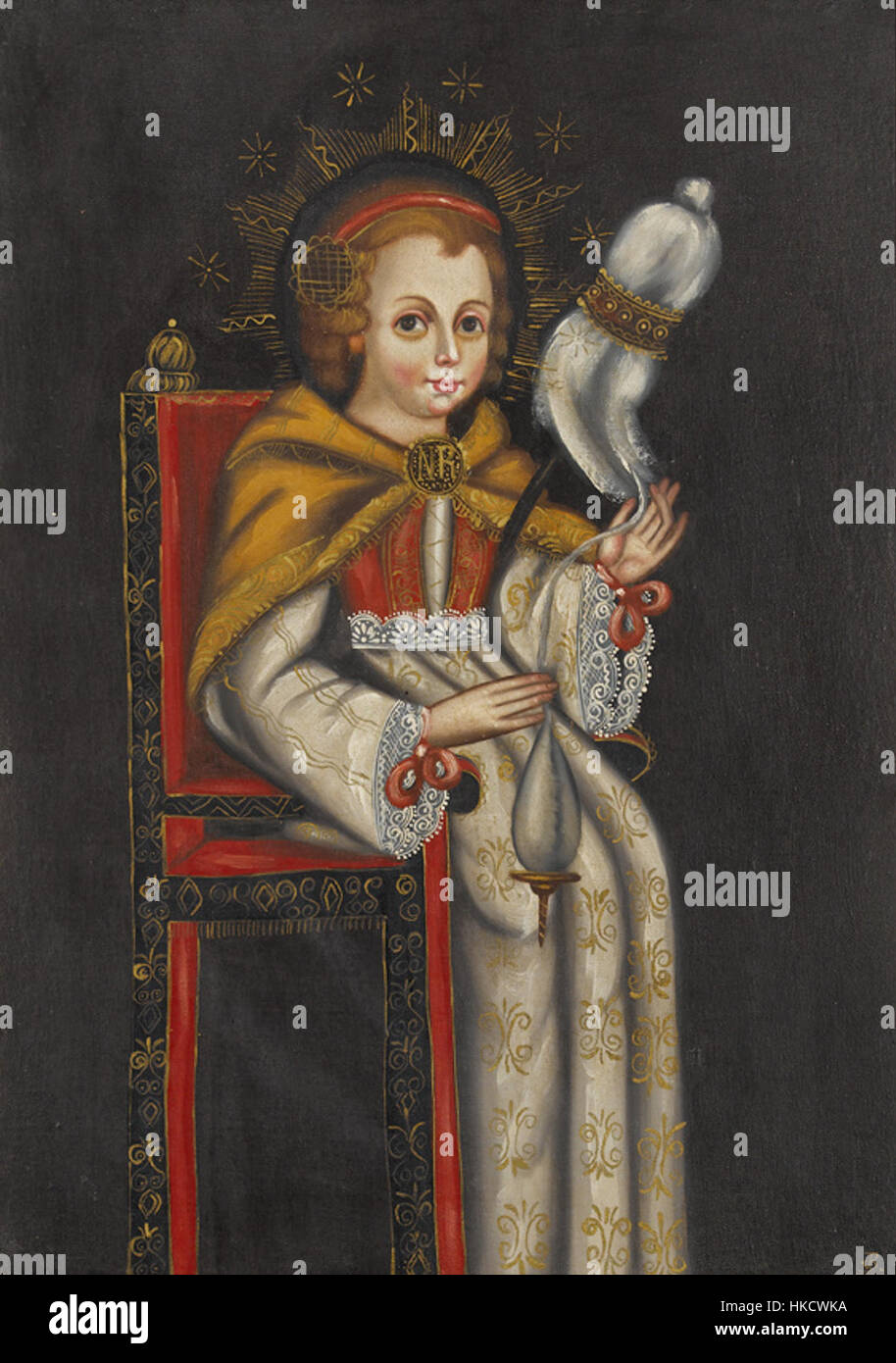 Portrait d'une sainte avec une épieu à main, un portrait du XVIIIe siècle d'une sainte avec un épieu à main, symbolisant la vertu et l'industrie, est une peinture à l'huile historique qui capture les aspects spirituels et de la vie quotidienne de l'époque. Banque D'Images
