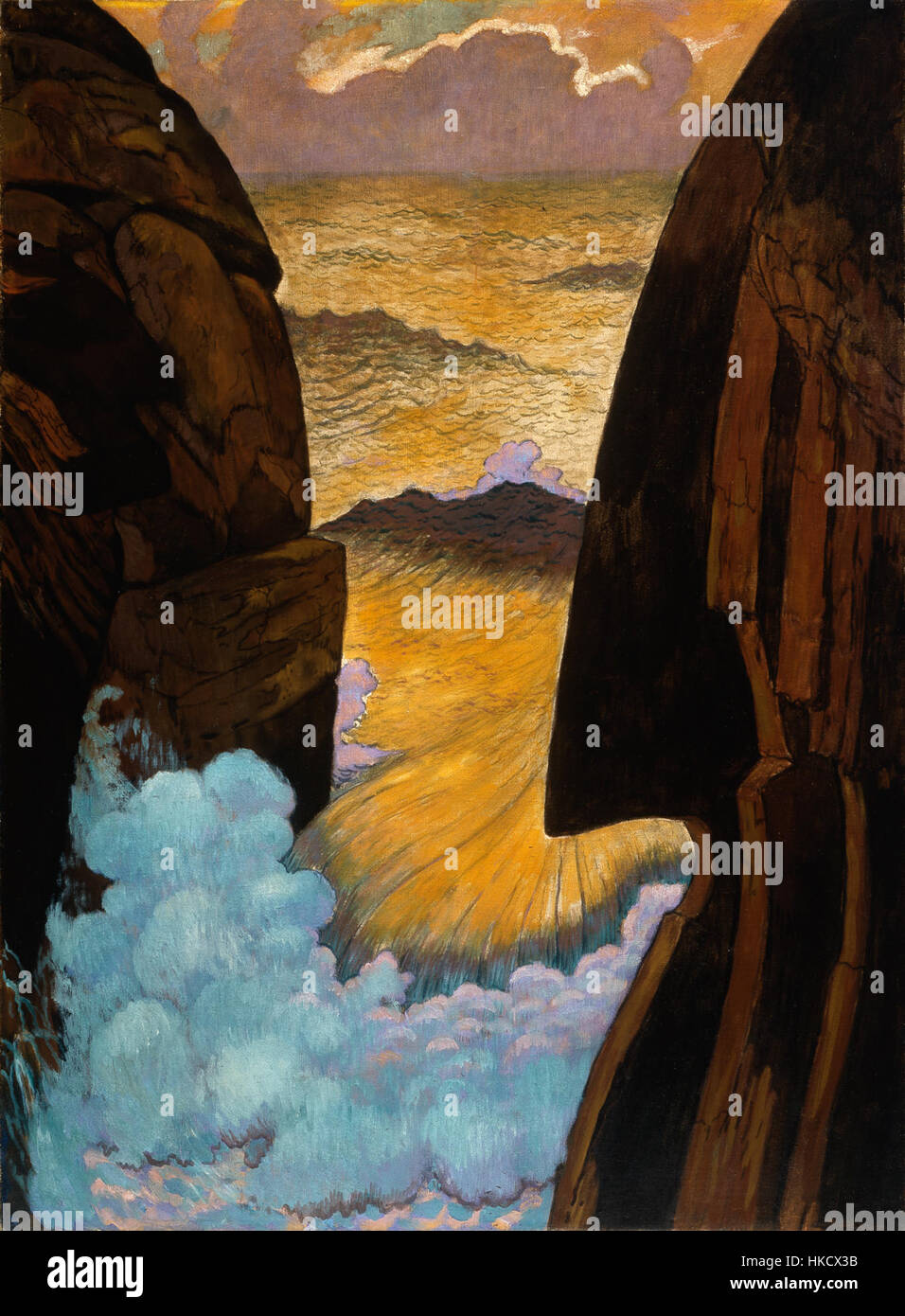 « Vorhor la vague verte » de Georges Lacombe est une peinture moderniste qui explore le symbolisme de la nature et de la mer. La composition se concentre sur des couleurs vibrantes et des formes abstraites, caractéristiques du style de Lacombe dans le français post-impressionniste Banque D'Images