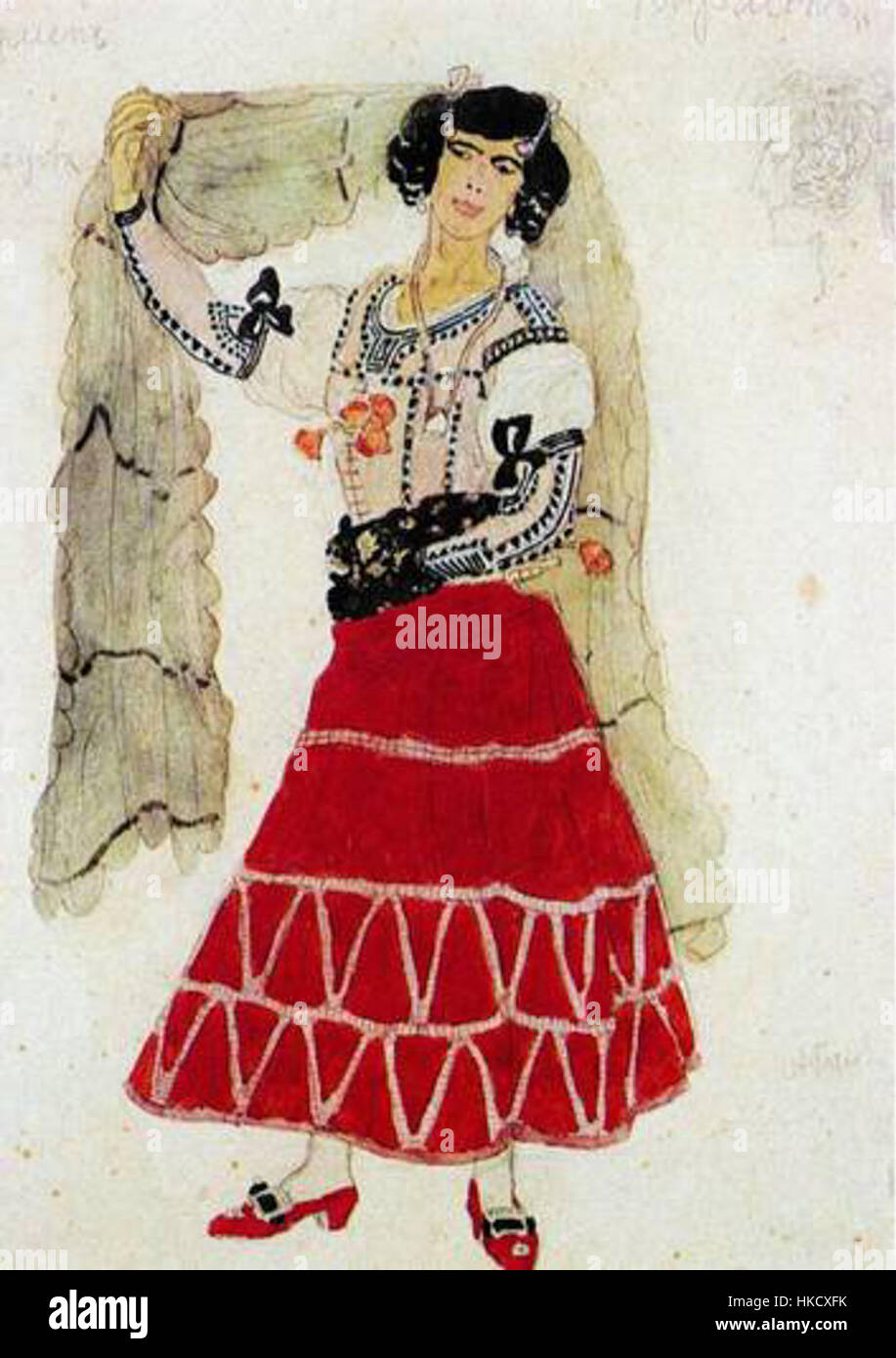 Ce tableau de A. Golovin illustre le personnage de Carmen, basé sur le célèbre opéra de Georges Bizet. L'utilisation expressive de la couleur et de la composition par Golovin donne vie à l'histoire passionnée et dramatique de Carmen. Banque D'Images