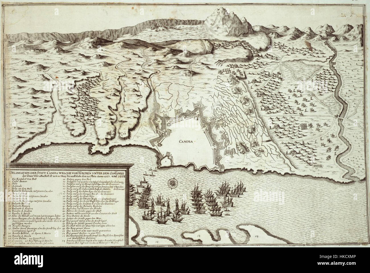Le tableau « Candia Belagerung » représente le siège de Candia, un événement charnière dans l'histoire militaire européenne du XVIIe siècle. L'œuvre d'art capture l'intensité du siège et de l'action militaire stratégique pendant le conflit prolongé. Banque D'Images