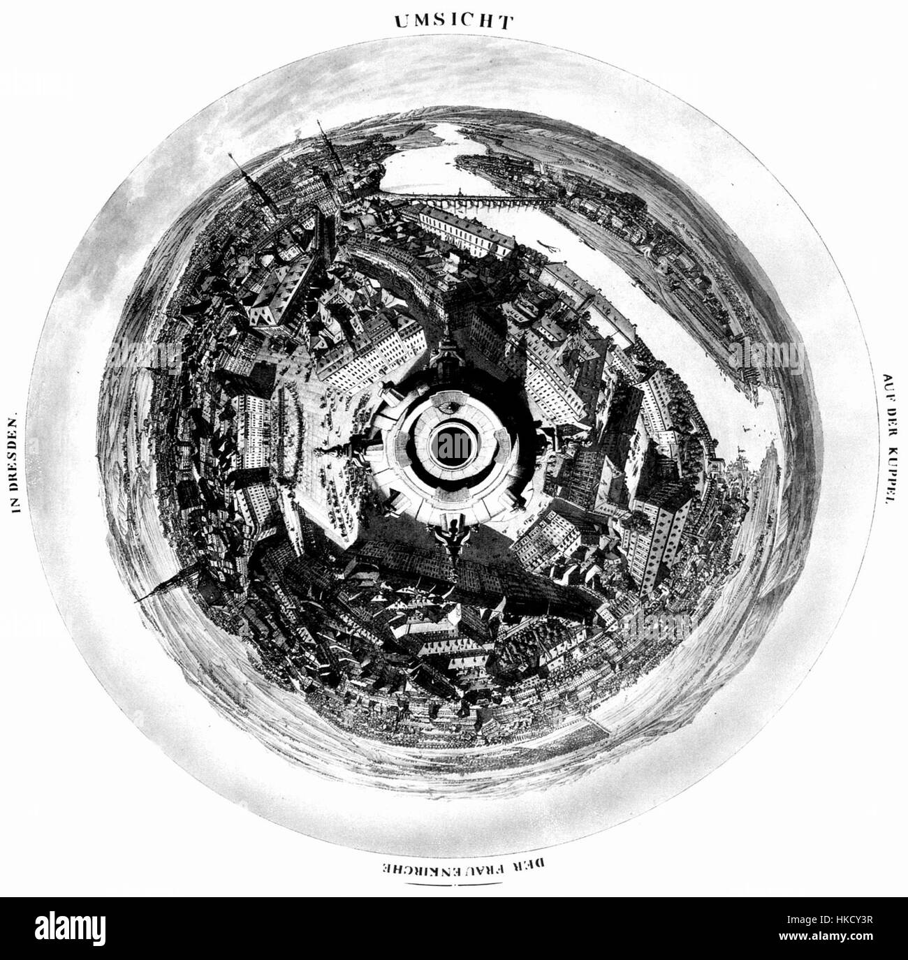 Une peinture vue de la Frauenkirche à Dresde, Allemagne. L’œuvre capture l’architecture et le paysage urbain environnant, illustrant l’ambiance historique de la ville. Banque D'Images