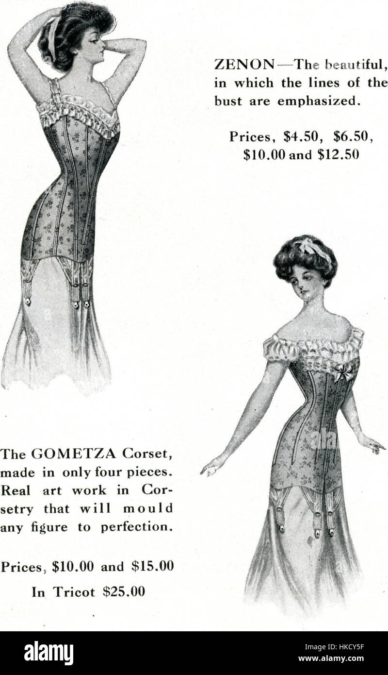 Cette image historique du début du XXe siècle montre des styles de corset de 1909 à 1910. La photographie illustre les tendances de la mode de l'époque, en se concentrant sur le design et la structure du corset, un élément clé de la mode féminine à l'époque. Banque D'Images