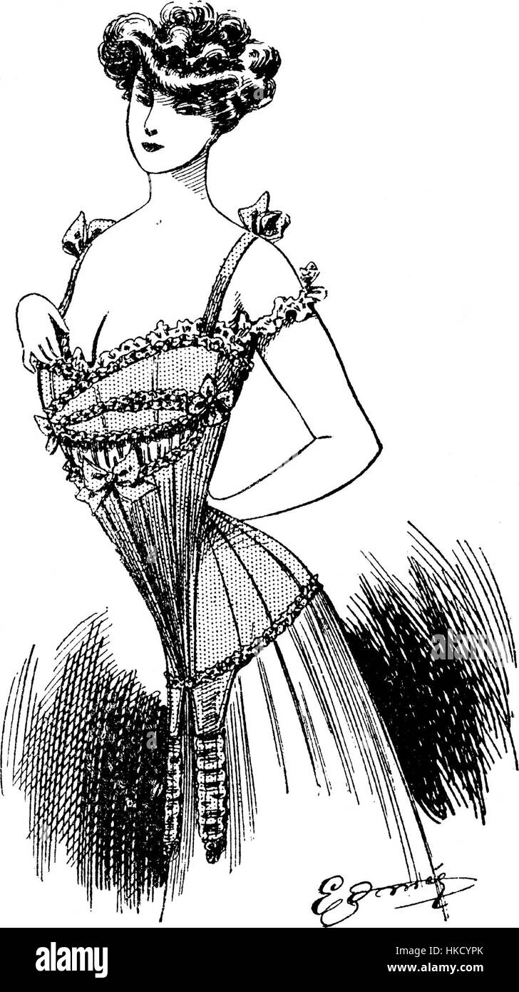 Cette illustration de l'édition 1904 de 'dessous Elegants' présente des assiettes mode détaillées de sous-vêtements féminins, représentant les tendances de la mode du début du XXe siècle. L'œuvre capture l'élégance et le style de l'époque. Banque D'Images