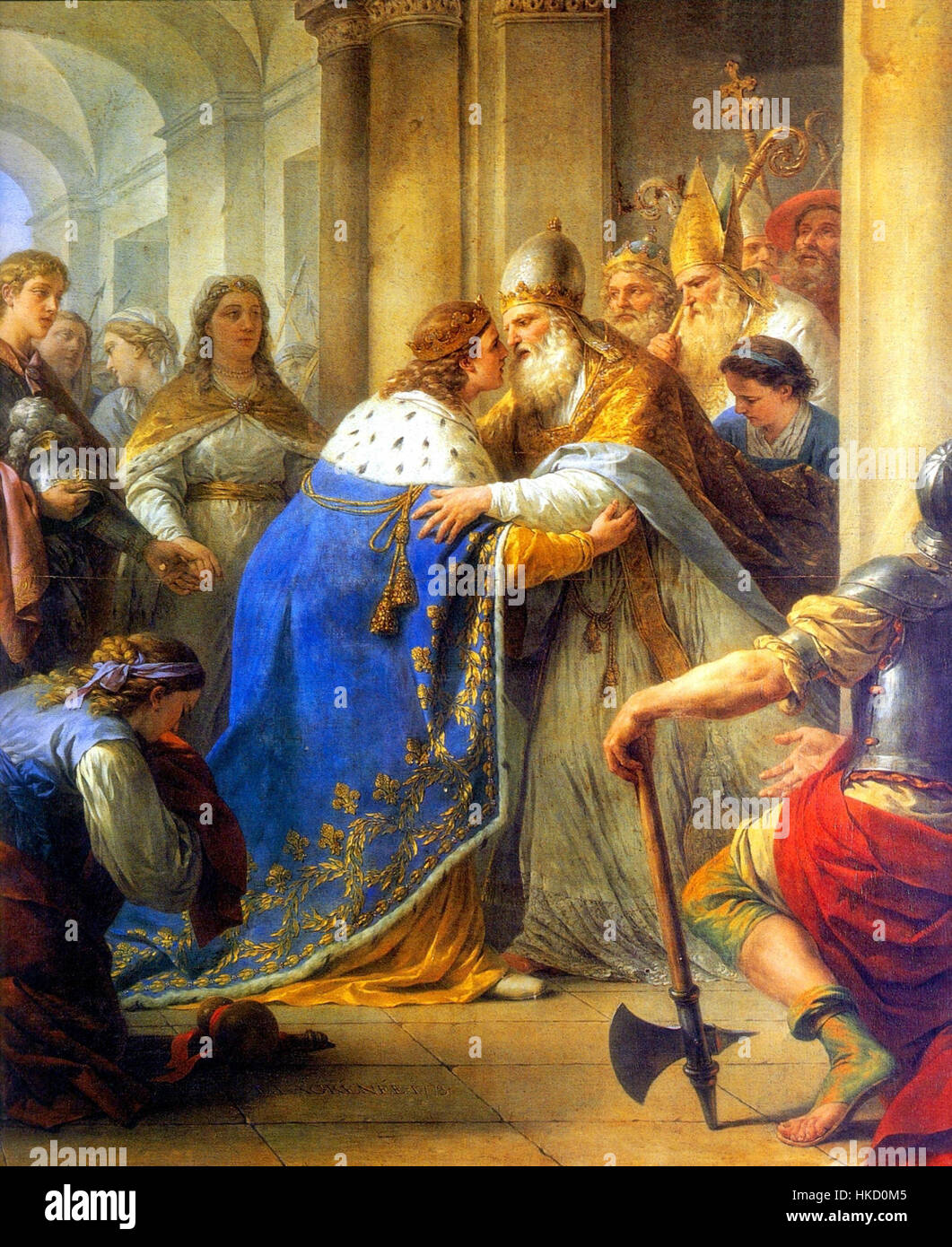 Le tableau de Louis Jean François Lagrenée représente la rencontre historique entre le roi Louis IX de France et le pape Innocent IV à Lyon, en 1248. Cette peinture à l'huile capture la signification de la rencontre du XIIIe siècle, reflétant à la fois le pouvoir royal et ecclésiastique de l'époque. Banque D'Images
