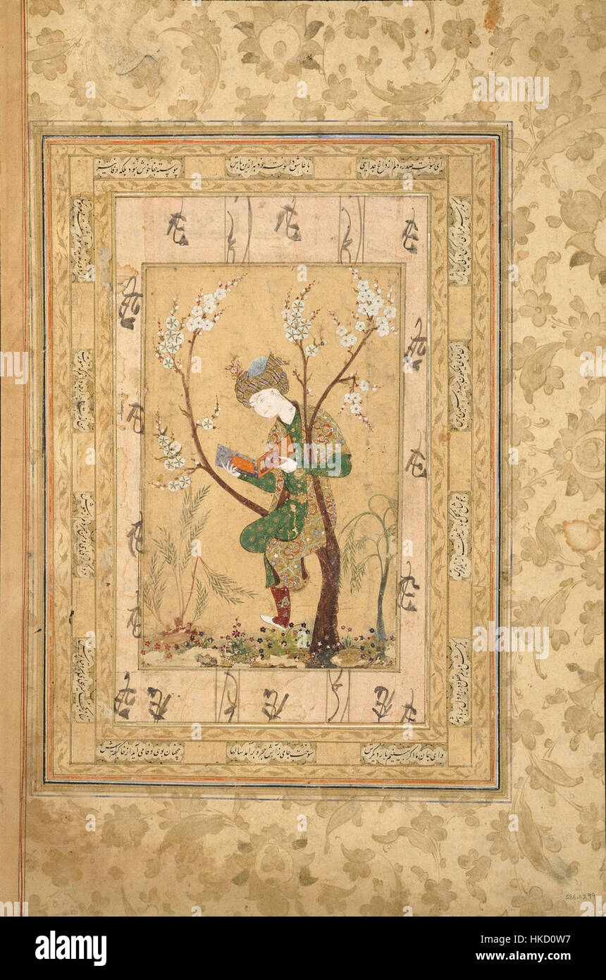 Cette œuvre représente un jeune assis dans la fourche d'un arbre en fleurs, symbolisant la paix et l'harmonie avec la nature. Les tons doux et les éléments floraux soulignent le thème de la beauté naturelle et de l'innocence de la jeunesse dans les compris Banque D'Images