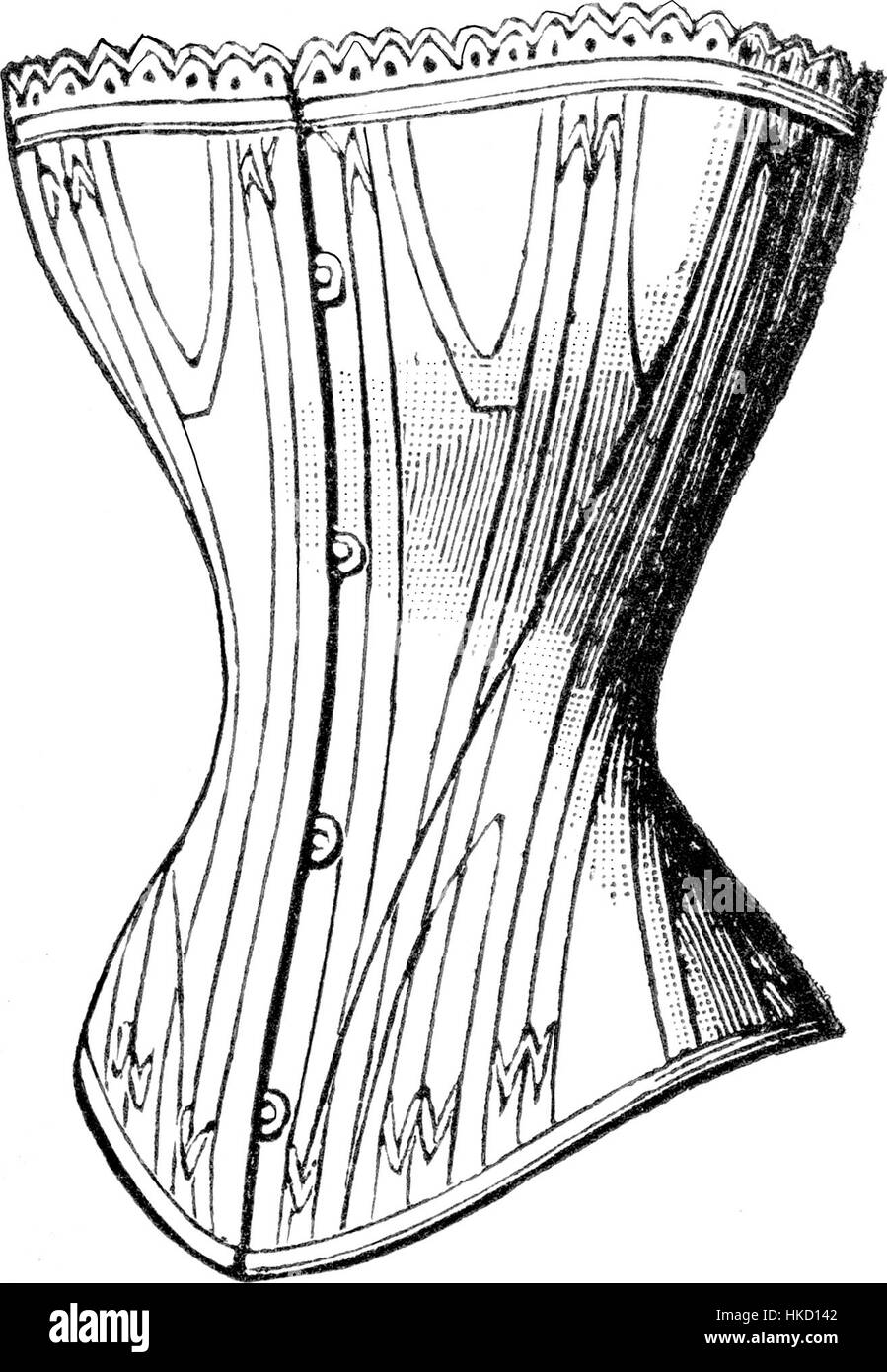 Cette peinture illustre un corsetiere adaptant des corsets pour des filles âgées de 13 à 15 ans, mettant en valeur les tendances de la mode du XIXe siècle et le rôle des vêtements dans la définition du statut social. Banque D'Images