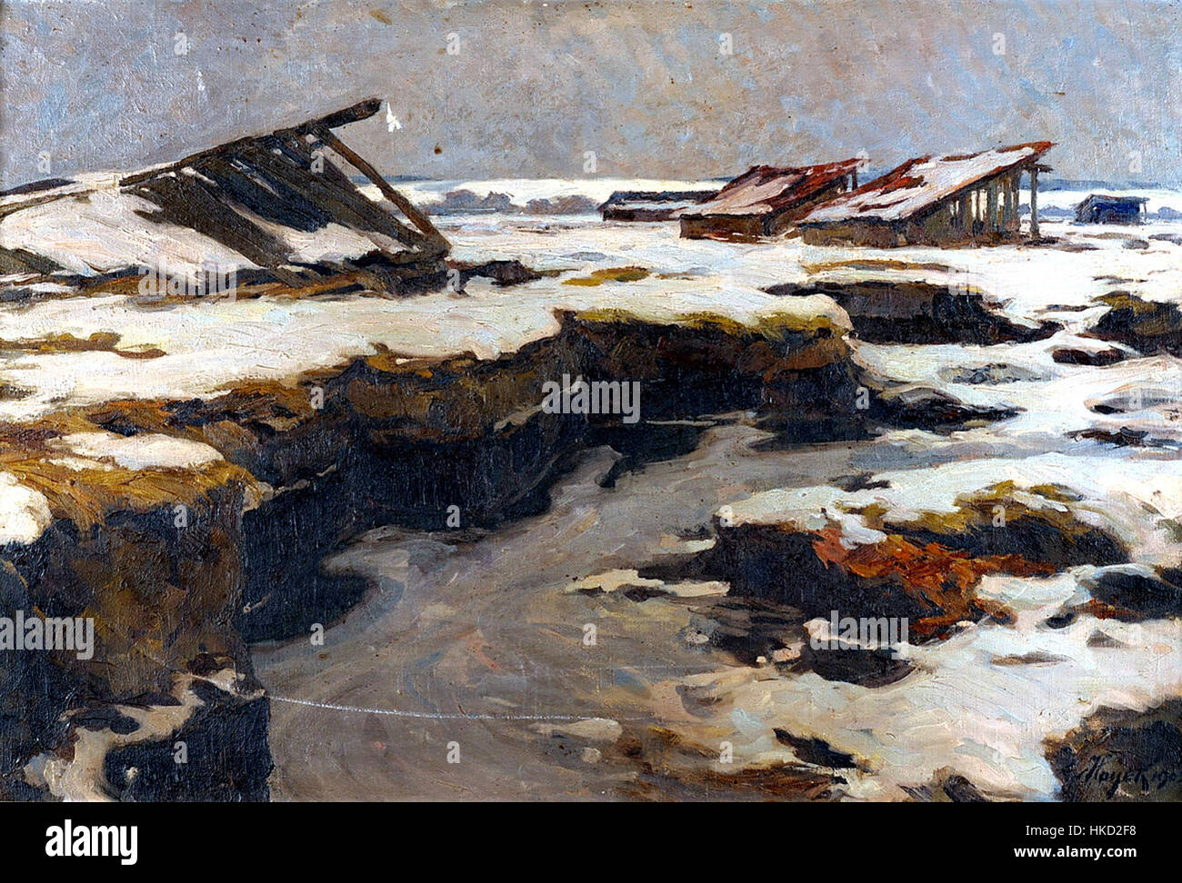 Une peinture de paysage hivernal de Hans von Hayek, capturant une scène rurale enneigée avec un éclairage atmosphérique, caractéristique de son style impressionniste. Banque D'Images