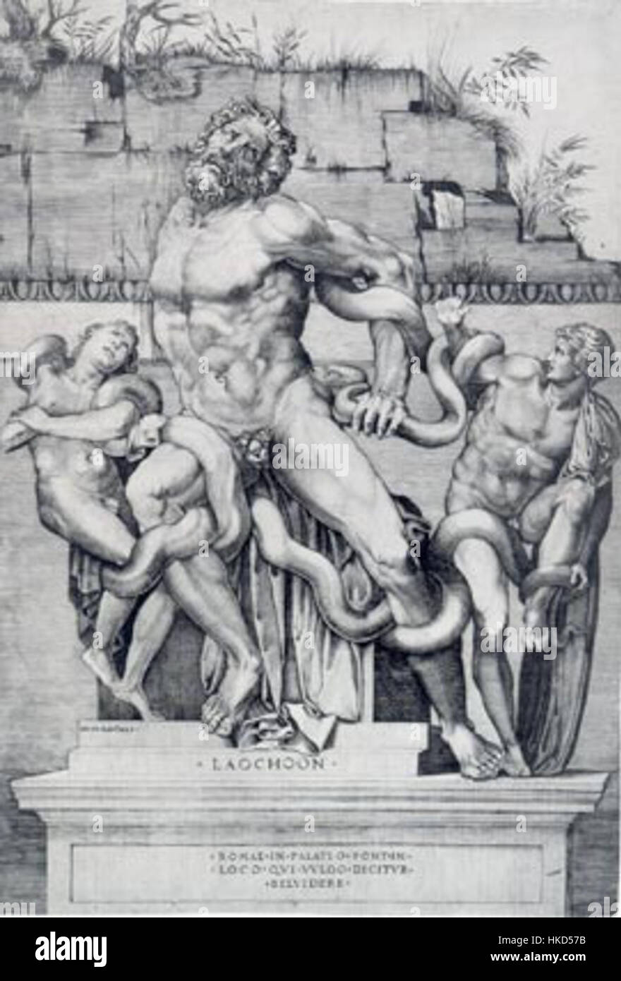 'Lakoon' de Marco Dente est une gravure basée sur la célèbre sculpture de Laocoön et ses fils. Le travail de Dente capture l'émotion intense de l'œuvre originale, dépeignant l'agonie de Laocoön avec des détails éclatants. Banque D'Images