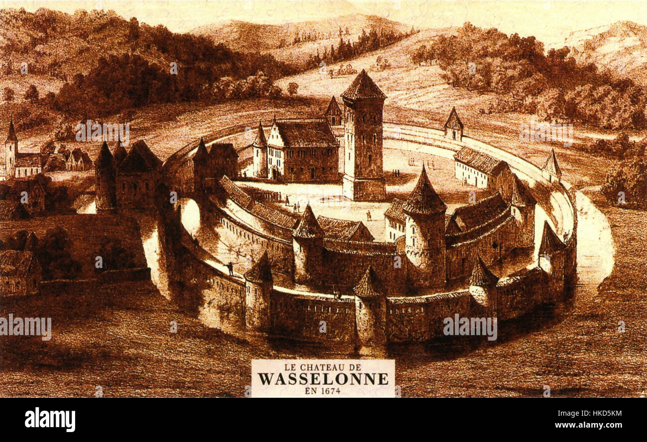 Cette lithographie représente Château Wasselonne tel qu'il apparaissait en 1674, offrant une représentation historique de l'architecture et du cadre du château français au XVIIe siècle. Banque D'Images