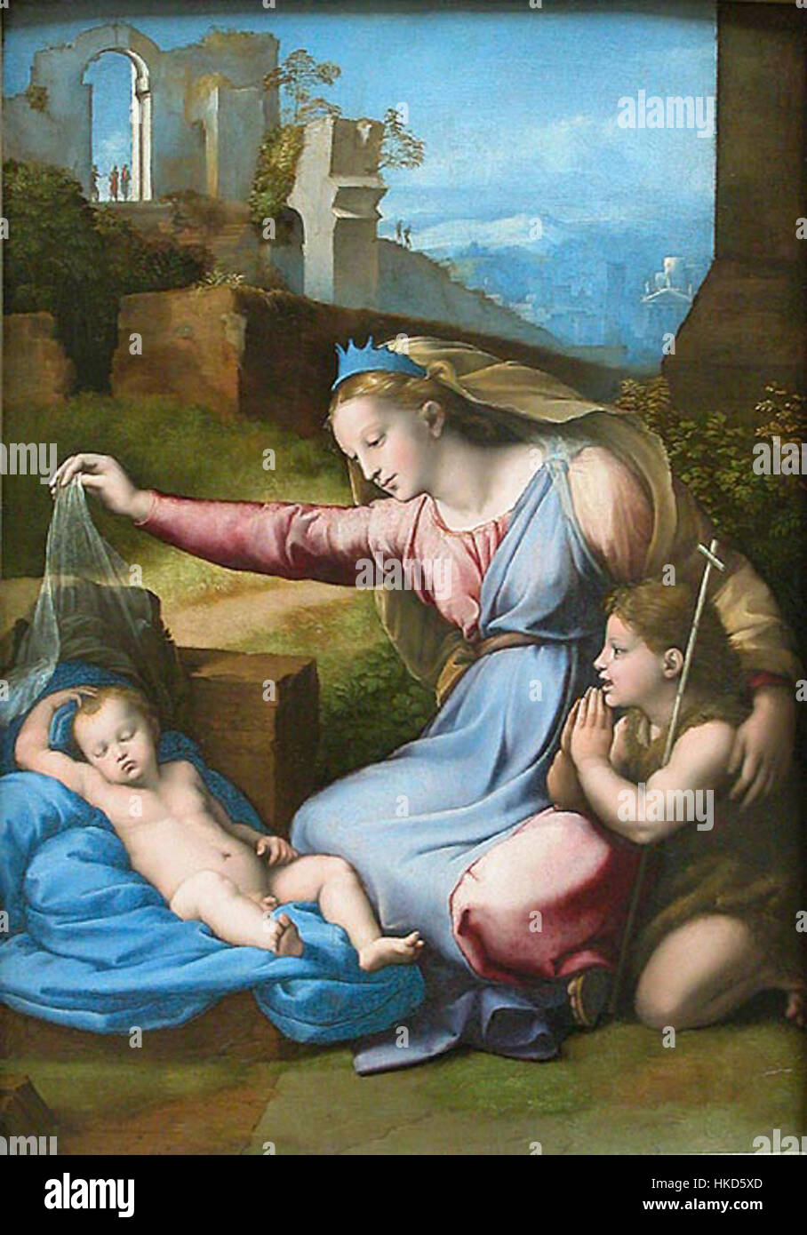 La *Madonna del Diadema Blu* (Madonna du Diadem bleu) est une peinture de la Renaissance connue pour sa représentation détaillée de la Vierge Marie ornée d'une couronne bleue, symbolisant sa royauté divine et sa pureté. Banque D'Images