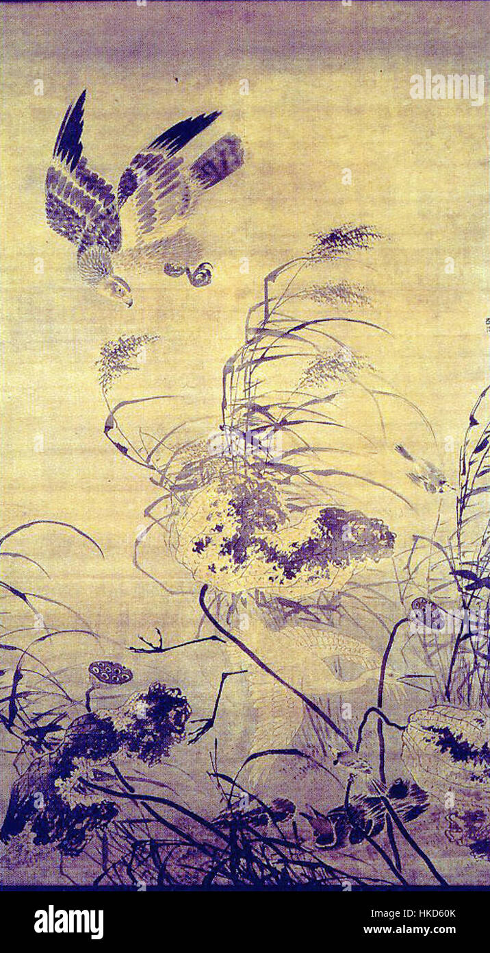 'Eagle, Egret, and Lotus' de LV Ji est une peinture détaillée représentant un aigle majestueux et une aigrette aux côtés d'une fleur de lotus. Cette œuvre met l'accent sur la beauté de la nature et l'harmonie entre les animaux et les plantes, mettant en valeur le brossage fin typique des traditionnels chinois Banque D'Images