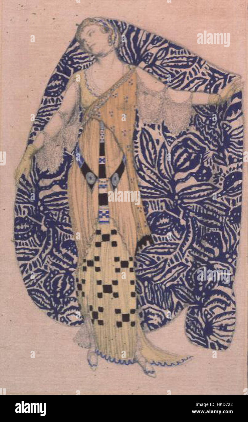 L'illustration de mode de 1910 'Modern Dress, dione' de L. Bakst est un exemple frappant de la haute couture du début du XXe siècle, capturant l'élégance et le style de l'époque. Banque D'Images