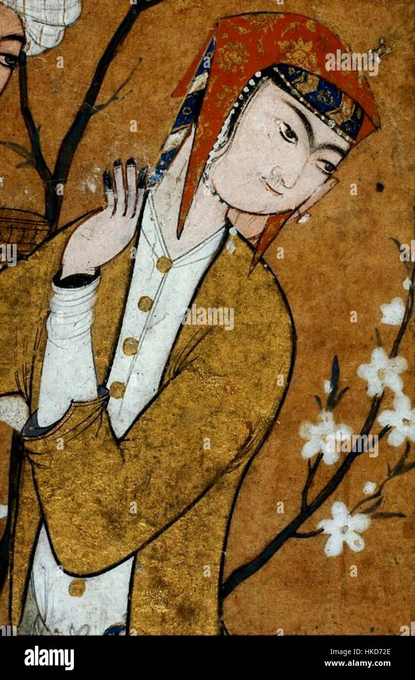 Tableau attribué à Muhammadi, représentant le thème de l'amour en persan Connue pour son pinceau délicat et son utilisation riche de la couleur, la pièce illustre la contribution de l'artiste à la peinture miniature persane. Banque D'Images