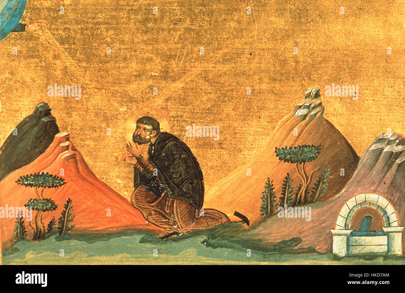 Cette icône du XIe siècle de Nicolas le Confesseur, abbé du Studion, trouvée dans le Ménologion de Basile II, dépeint la figure dans le style iconographique byzantin traditionnel, symbolisant son importance religieuse dans l'Église orthodoxe orientale. Banque D'Images