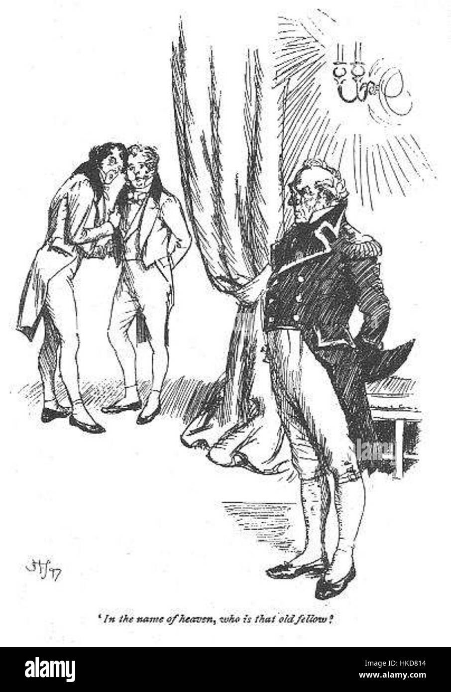Une illustration du chapitre 1 de la persuasion de Jane Austen, représentant un moment clé du roman. L'œuvre capture l'ambiance de l'histoire, reflétant l'élégance et les subtilités sociales de l'ère Regency. Banque D'Images
