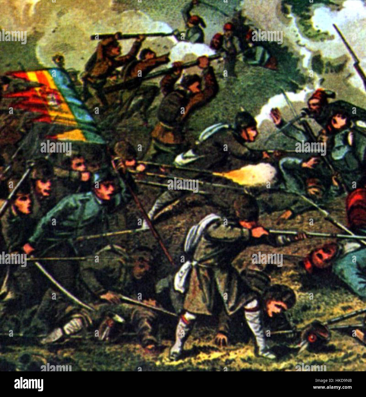 Cette peinture de la guerre d'indépendance roumaine de 1877 représente les moments clés de la lutte pour l'indépendance. L’œuvre met en lumière la bravoure et le sacrifice des forces roumaines pendant le conflit avec l’Empire ottoman, contribuant à la libération du pays. Banque D'Images