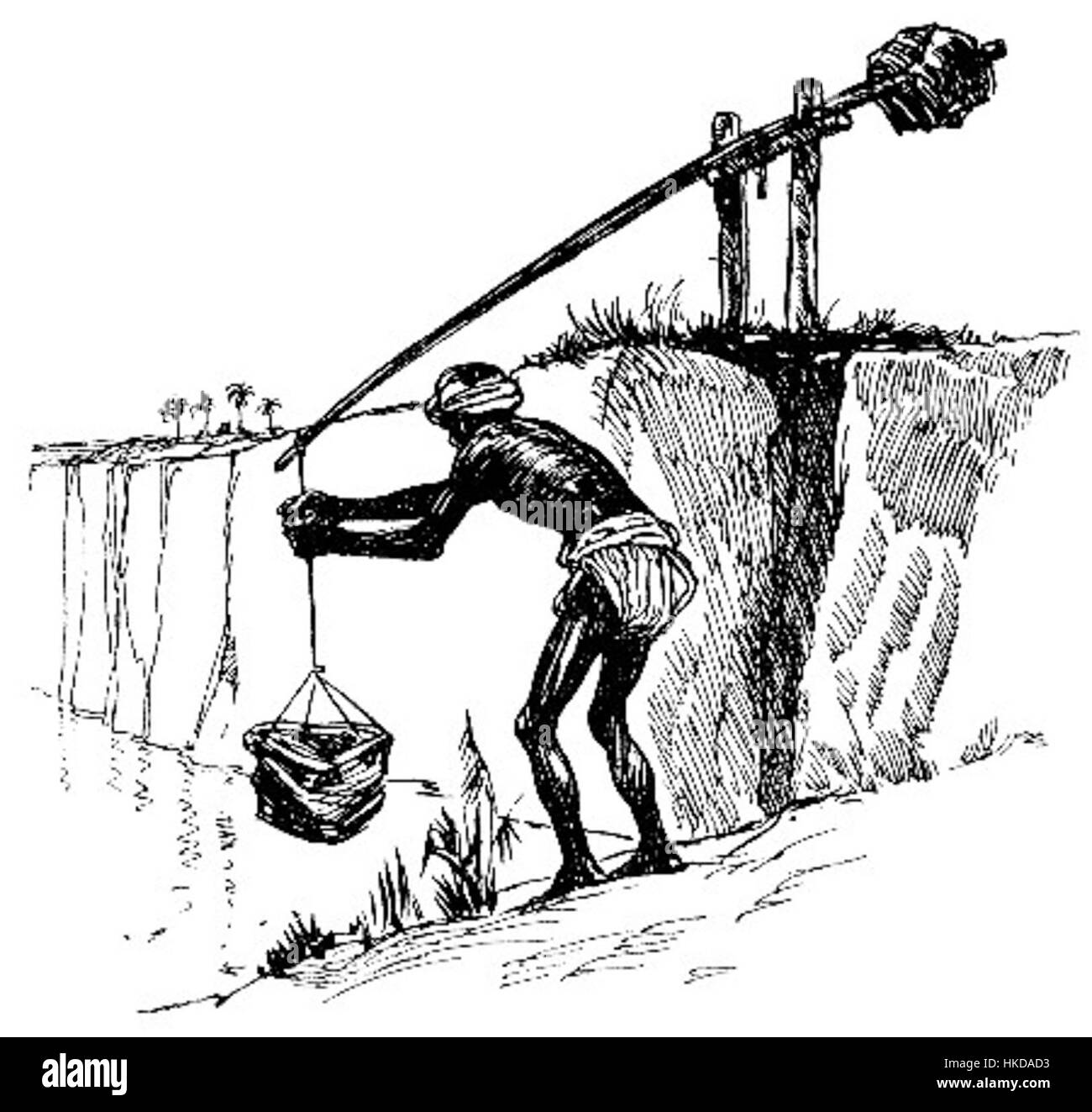 Le shaduf est un ancien outil d'irrigation utilisé dans diverses régions, notamment en Égypte. Il se compose d'un long poteau avec un seau ou un conteneur à une extrémité, utilisé pour soulever l'eau d'une rivière ou d'un puits pour irriguer les champs. Banque D'Images