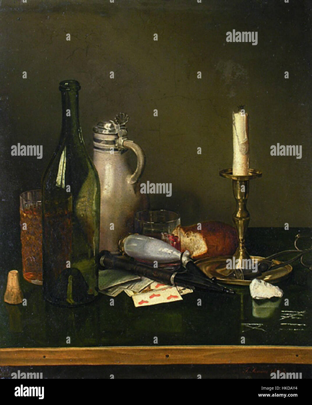 Une peinture de nature morte intitulée 'Stillleben mit Kerze' (nature morte avec bougie), montrant une bougie comme élément central dans une scène soigneusement composée. La peinture reflète le genre traditionnel néerlandais des natures mortes, mettant l'accent sur la lumière et l'ombre. Banque D'Images