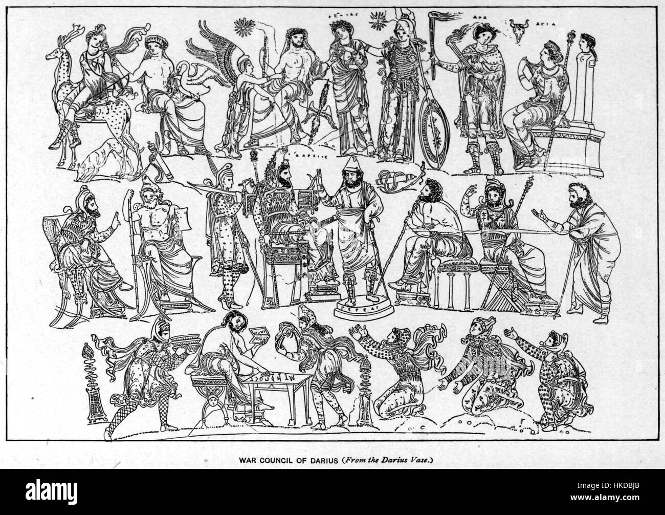 Cette illustration représente le Conseil de guerre de Darius, basé sur l'ancien vase grec de Darius, montrant Darius Ier planifiant des campagnes militaires. L'image est une représentation détaillée de la direction du roi persan. Banque D'Images