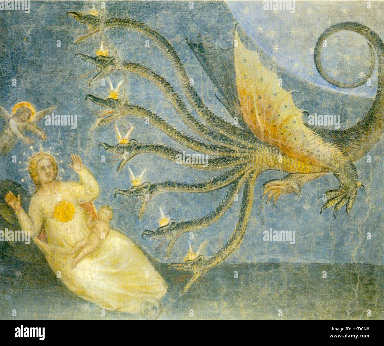 'Femme et Dragon' de Giusto de Menabuoi dépeint une scène dramatique de la bataille entre une femme et un dragon mythique, combinant des éléments artistiques gothiques et Renaissance dans cette peinture à l'huile vivante. Banque D'Images