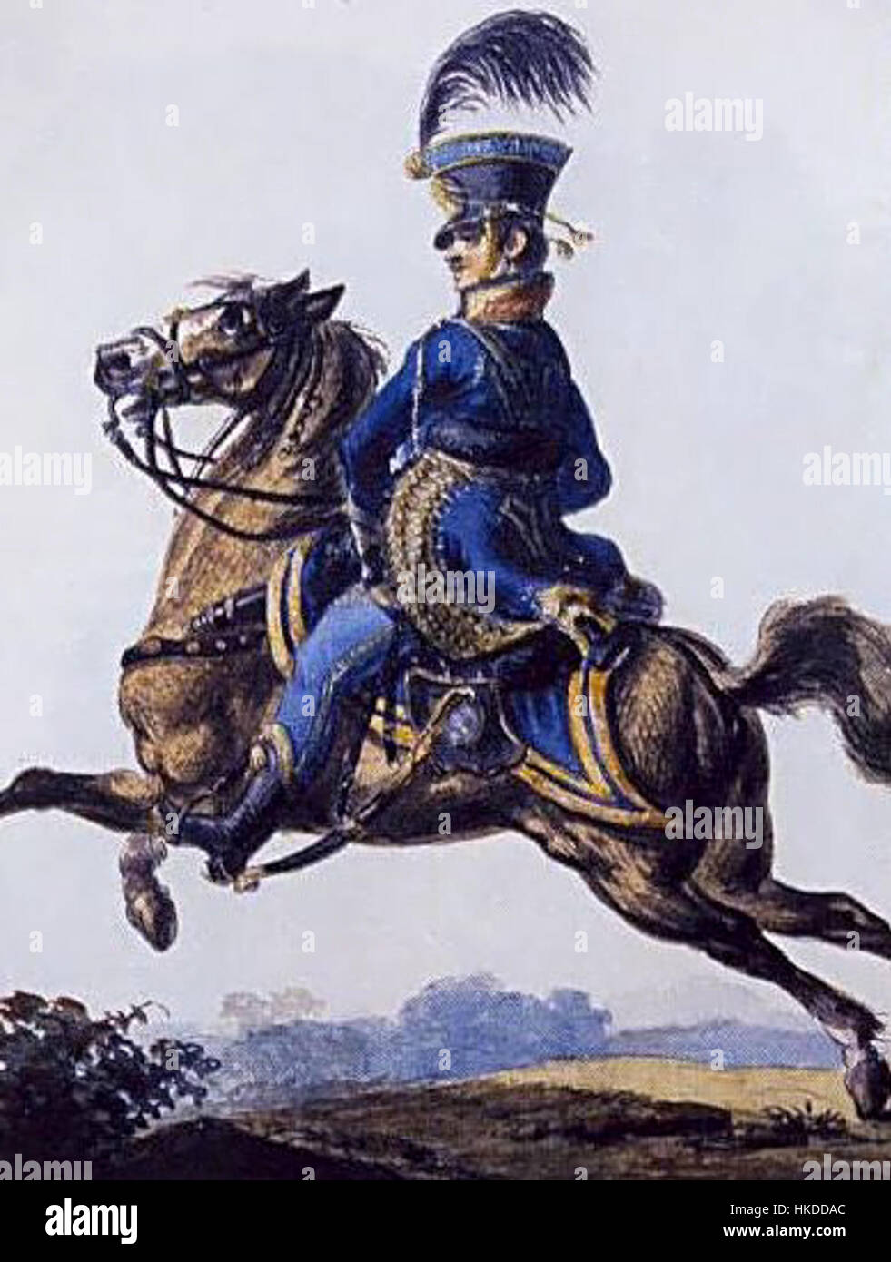 Une représentation du 10e régiment de hussards, qui faisait partie de l'armée polonaise pendant la période du duché de Varsovie. La peinture souligne la tenue militaire et l'importance historique du régiment. Banque D'Images