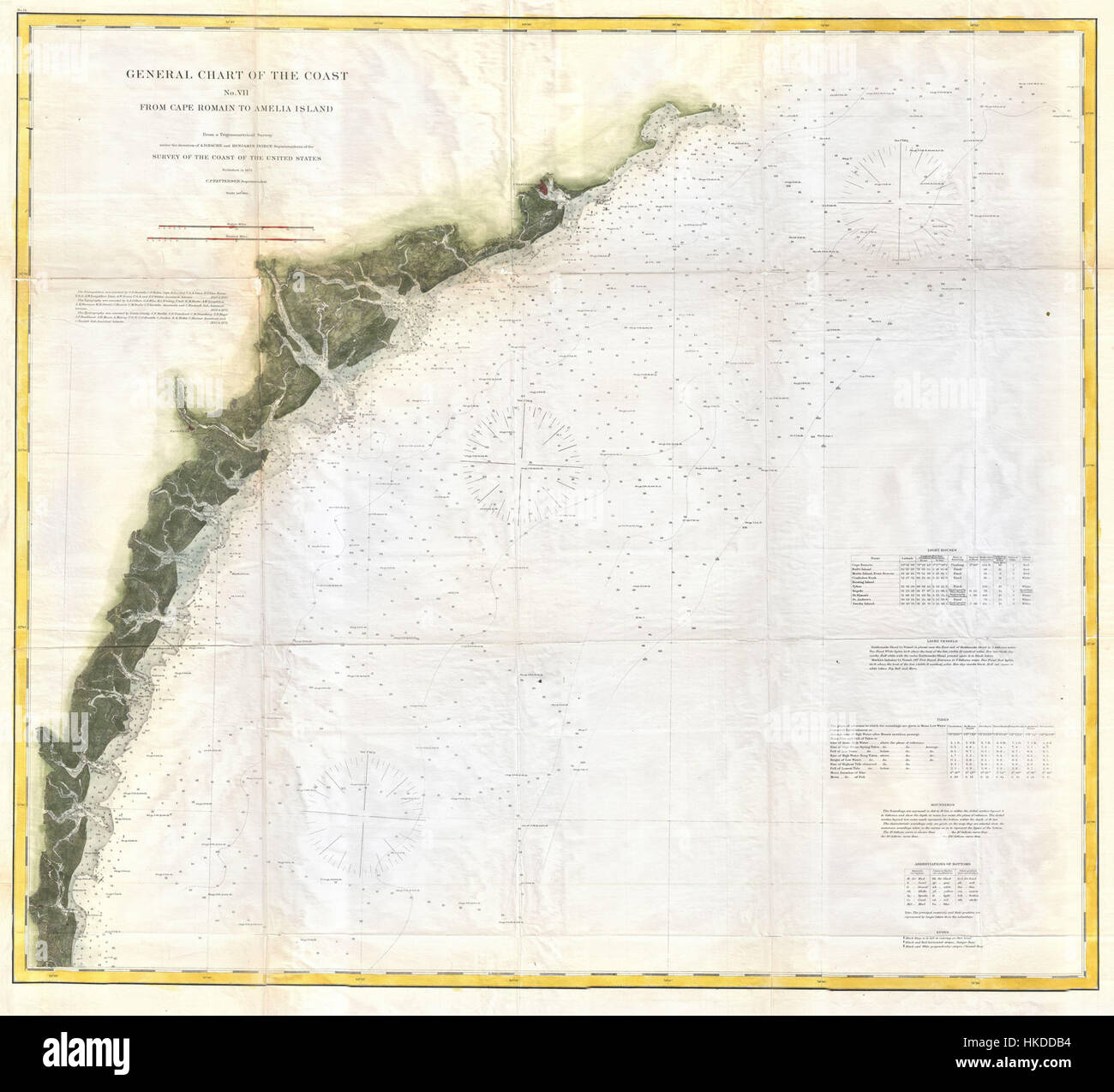 Cette carte du U.S. Coast Survey de 1874 détaille les régions côtières de la Géorgie et de la Caroline, en particulier Charleston et Savannah. Il offre une représentation très précise des caractéristiques géographiques de la région et a été créé pour la navigation et à des fins militaires, offrant un aperçu historique de la cartographie américaine du XIXe siècle. Banque D'Images
