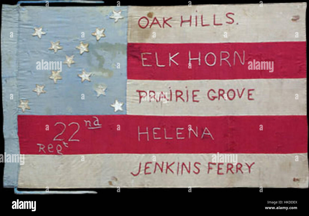 Cette image montre le drapeau du 22nd Arkansas Infantry Regiment, une unité confédérée pendant la guerre de Sécession. Il représente l'identité du régiment et son rôle dans la guerre. Banque D'Images