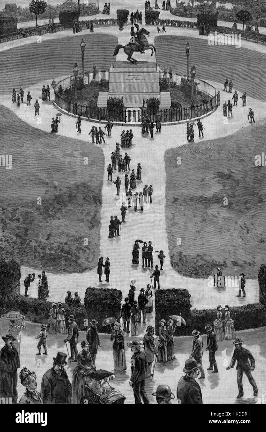 Cette peinture représente Jackson Square à la Nouvelle-Orléans, capturant l'importance historique du monument et de son architecture environnante. La scène souligne l’importance culturelle de la place dans l’histoire de la ville. Banque D'Images